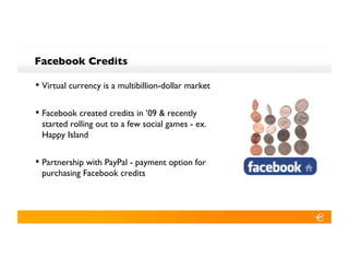 Facebook Credits!

•! Virtual currency is a multibillion-dollar market!

•! Facebook created credits in ’09 & recently
 started rolling out to a few social games - ex.
 Happy Island!


•! Partnership with PayPal - payment option for
 purchasing Facebook credits!
 