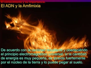 El conocimiento y suimportancia.El ADN y la AmfimixiaDe acuerdo con la cantidadresultántey obedeciéndo el principio electromagnético universal, si la cantidad de energíaesmuypequeña, esatraídafuertementepor el núcleo de la tierra y lo puedepegar al suelo.