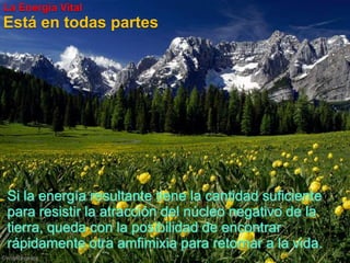 La Energía VitalEstá en todaspartesSi la energíaresultantetiene la cantidadsuficientepararesistir la atracción del núcleonegativo de la tierra, queda con la posibilidad de encontrarrápidamenteotraamfimixiapararetornar a la vida.