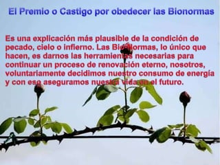 El Premio o CastigoporobedecerlasBionormasEs unaexplicaciónmás plausible de la condición de pecado, cielo o infierno. Las Bio-Normas, lo únicoquehacen, esdarnoslasherramientasnecesariasparacontinuar un proceso de renovacióneterno, nosotros, voluntariamentedecidimosnuestroconsumo de energía y con esoaseguramosnuestravida en el futuro.