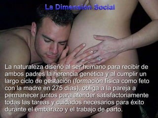 La Dimensión SocialLa naturalezadiseñó al ser humanopararecibir de ambos padres la herenciagenética y al cumplir un largo ciclo de gestación (formaciónfísicacomofeto con la madre en 275 días), obliga a la pareja a permanecerjuntosparaatendersatisfactoriamentetodaslastareas y cuidadosnecesariosparaéxitodurante el embarazo y el trabajo de parto.