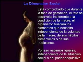 La Dimensión SocialEstácomprobadoquedurante la fase de gestación, el feto se desarrollaindiferente a la condición de la madre, el organismobuscará los elementosquenecesitaindependiente de la voluntad de la madre, de sushábitosalimenticios o de sustradiciones.Poresonacemosiguales, independiente de la situación social o del poderadquisitivo.