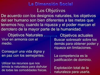 La Dimensión SocialLos ObjetivosDe acuerdo con los designios naturales, los objetivos del ser humano son bien diferentes a las metas que tenemos hoy, cuando la riqueza y el poder marcan el derrotero de la mayor parte de la humanidad.ObjetivosNaturalesVivir en armonía con el medio.Conseguirunavidadigna y en paz con los semejantes. Utilizar los recursosquenosbrinda la naturalezaparadisfrutar de todaslascomodidadesfísicas. Objetivos actualesBuscar sobresalir sobre los demás para obtener poder y riqueza sin limitaciones.La competencia es la justificación de dominio.Explotación total de la naturaleza para usarla.