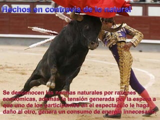 Hechos en contravia de lo naturalSe desconocenlasnormasnaturalesporrazoneseconómicas, además la tensióngeneradapor la espera a queuno de los participantes en el espectaculo le hagadaño al otro, genera un consumo de energíainnecesario.