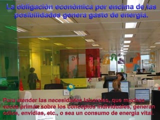 La obligacióneconómicaporencima de lasposibilidades genera gasto de energía.Para atenderlasnecesidadeslaborales, quemuchasvecesprimansobre los conceptosindividuales, generanodios, envidias, etc., o sea un consumo de energía vital.