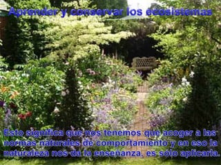 Aprender y conservar los ecosistemasEstosignificaquenostenemosqueacoger a lasnormasnaturales de comportamiento y en eso la naturalezanosda la enseñanza, essóloaplicarla.