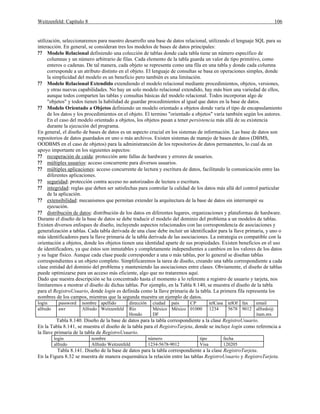 Weitzenfeld: Capítulo 8 106
utilización, seleccionaremos para nuestro desarrollo una base de datos relacional, utilizando el lenguaje SQL para su
interacción. En general, se consideran tres los modelos de bases de datos principales:
?? Modelo Relacional definiendo una colección de tablas donde cada tabla tiene un número específico de
columnas y un número arbitrario de filas. Cada elemento de la tabla guarda un valor de tipo primitivo, como
enteros o cadenas. De tal manera, cada objeto se representa como una fila en una tabla y donde cada columna
corresponde a un atributo distinto en el objeto. El lenguaje de consultas se basa en operaciones simples, donde
la simplicidad del modelo es un beneficio pero también es una limitación.
?? Modelo Relacional Extendido extendiendo el modelo relacional mediante procedimientos, objetos, versiones,
y otras nuevas capabilidades. No hay un solo modelo relacional extendido, hay más bien una variedad de ellos,
aunque todos comparten las tablas y consultas básicas del modelo relacional. Todos incorporan algo de
"objetos" y todos tienen la habilidad de guardar procedimientos al igual que datos en la base de datos.
?? Modelo Orientado a Objetos definiendo un modelo orientado a objetos donde varía el tipo de encapsulamiento
de los datos y los procedimientos en el objeto. El termino "orientado a objetos" varía también según los autores.
En el caso del modelo orientado a objetos, los objetos pasan a tener persistencia más allá de su existencia
durante la ejecución del programa.
En general, el diseño de bases de datos es un aspecto crucial en los sistemas de información. Las base de datos son
repositorios de datos guardados en uno o más archivos. Existen sistemas de manejo de bases de datos (DBMS,
OODBMS en el caso de objetos) para la administranción de los repositorios de datos permanentes, lo cual da un
apoyo importante en los siguientes aspectos:
?? recuperación de caída: protección ante fallas de hardware y errores de usuarios.
?? múltiples usuarios: acceso concurrente para diversos usuarios.
?? múltiples aplicaciones: acceso concurrente de lectura y escritura de datos, facilitando la comunicación entre las
diferentes aplicaciones.
?? seguridad: protección contra acceso no autorizados de lectura o escritura.
?? integridad: reglas que deben ser satisfechas para controlar la calidad de los datos más allá del control particular
de la aplicación.
?? extensibilidad: mecanismos que permitan extender la arquitectura de la base de datos sin interrumpir su
ejecución.
?? distribución de datos: distribución de los datos en diferentes lugares, organizaciones y plataformas de hardware.
Durante el diseño de la base de datos se debe traducir el modelo del dominio del problema a un modelos de tablas.
Existen diversos enfoques de diseño, incluyendo aspectos relacionados con las correspondencia de asociaciones y
generalización a tablas. Cada tabla derivada de una clase debe incluir un identificador para la llave primaria, y uno o
más identificadores para la llave primaria de la tabla derivada de las asociaciones. La estrategia es compatible con la
orientación a objetos, donde los objetos tienen una identidad aparte de sus propiedades. Existen beneficios en el uso
de identificadors, ya que éstos son inmutables y completamente independientes a cambios en los valores de los datos
y su lugar físico. Aunque cada clase puede corresponder a una o más tablas, por lo general se diseñan tablas
correspondientes a un objeto completo. Simplificaremos la tarea de diseño, creando una tabla correspondiente a cada
clase entidad del dominio del problema y manteniendo las asociaciones entre clases. Obviamente, el diseño de tablas
puede optimizarse para un acceso más eficiente, algo que no trataremos aquí.
Dado que nuestra descripción se ha concentrado hasta el momento a lo referente a registro de usuario y tarjeta, nos
limitaremos a mostrar el diseño de dichas tablas. Por ejemplo, en la Tabla 8.140, se muestra el diseño de la tabla
para el RegistroUsuario, donde login es definida como la llave primaria de la tabla. La primera fila representa los
nombres de los campos, mientras que la segunda muestra un ejemplo de datos.
login password nombre apellido dirección ciudad país CP telCasa telOf fax email
alfredo awr Alfredo Weitzenfeld Río
Hondo
México
DF
México 01000 1234 5678 9012 alfredo@
itam.mx
Tabla 8.140. Diseño de la base de datos para la tabla correspondiente a la clase RegistroUsuario.
En la Tabla 8.141, se muestra el diseño de la tabla para el RegistroTarjeta, donde se incluye login como referencia a
la llave primaria de la tabla de RegistroUsuario.
login nombre número tipo fecha
alfredo Alfredo Weitzenfeld 1234-5678-9012 Visa 120205
Tabla 8.141. Diseño de la base de datos para la tabla correspondiente a la clase RegistroTarjeta.
En la Figura 8.32 se muestra de manera esquemática la relación entre las tablas RegistroUsuario y RegistroTarjeta.
 