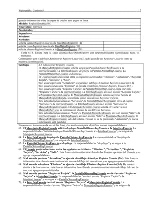 Weitzenfeld: Capítulo 8 17
guardar información sobre la tarjeta de crédito para pagos en línea.
Módulo: Registro.InterfaceBD
Estereotipo: Interface
Propiedades:
Superclases:
Subclases:
Atributos:
solicita validarRegistroUsuario a la BaseDatosRegistro (14)
solicita crearRegistroUsuario a la BaseDatosRegistro (50)
solicita obtenerRegistroUsuario a la BaseDatosRegistro (59)
Tabla 8.14. Tarjeta para la clase InterfaceBaseDatosRegistro con responsabilidades identificadas hasta el
momento.
Continuamos con el subflujo Administrar Registro Usuario (S-3) del caso de uso Registrar Usuario como se
muestra a continuación,
Subflujos S-3 Administrar Registro Usuario
El ManejadorRegistroUsuario solicita desplegarPantallaObtenerRegUsuario a la
InterfaceUsuario. La InterfaceUsuario despliega la PantallaObtenerRegUsuario. La
PantallaObtenerRegUsuario se despliega.
El Usuario puede seleccionar entra las siguientes actividades: "Eliminar", "Actualizar", "Registrar
Tarjeta", "Servicios" y "Salir".
Si el usuario presiona "Actualizar" se ejecuta el subflujo Actualizar Registro Usuario (S-4).
Si el usuario selecciona "Eliminar" se ejecuta el subflujo Eliminar Registro Usuario (S-5).
Si el usuario presiona "Registrar Tarjeta", la PantallaObtenerRegUsuario envía el evento
“Registrar Tarjeta”a la InterfaceUsuario. La InterfaceUsuario envía el evento “Registrar Tarjeta”
al ManejadorRegistroUsuario. El ManejadorRegistroUsuario solicita registrarTarjeta al
ManejadorRegistroTarjeta, se continúa con el caso de uso Registrar Tarjeta.
Si la actividad seleccionada es "Servicios", la PantallaObtenerRegUsuario envía el evento
“Servicios”a la InterfaceUsuario. La InterfaceUsuario envía el evento “Servicios”al
ManejadorRegistroUsuario. El ManejadorRegistroUsuario solicita ofrecerServicio al
ManejadorServicio, se continúa con el caso de uso Ofrecer Servicios.
Si la actividad seleccionada es "Salir", la PantallaObtenerRegUsuario envía el evento “Salir”a la
InterfaceUsuario. La InterfaceUsuario envía el evento “Salir”al ManejadorRegistroUsuario. El
ManejadorRegistroUsuario sale del sistema. (Si aún no se ha presionado "Actualizar", la nueva
información será perdida).
Nuevamente, tomamos cada una de las frase y las analizamos para identificar nuevas responsabilidades.
63. El ManejadorRegistroUsuario solicita desplegarPantallaObtenerRegUsuario a la InterfaceUsuario. La
responsabilidad es “solicita desplegarPantallaObtenerRegUsuario a la InterfaceUsuario”y se asigna a la
ManejadorRegistroUsuario.
64. La InterfaceUsuario despliega la PantallaObtenerRegUsuario. La responsabilidad es “despliega la
PantallaObtenerRegUsuario”y se asigna a la InterfaceUsuario.
65. La PantallaObtenerRegUsuario se despliega. La responsabilidad es “despliega”y se asigna a la
PantallaObtenerRegUsuario.
66. El Usuario puede seleccionar entra las siguientes actividades: "Eliminar", "Actualizar", "Registrar
Tarjeta", "Servicios" y "Salir". Esta frase es informativa describiendo las diversas opciones del Usuario y no
agrega responsabilidades.
67. Si el usuario presiona "Actualizar" se ejecuta el subflujo Actualizar Registro Usuario (S-4). Esta frase es
informativa describiendo una continuación interna del flujo del caso de uso y no agrega responsabilidades.
68. Si el usuario selecciona "Eliminar" se ejecuta el subflujo Eliminar Registro Usuario (S-5). De manera
similar a la frase anterior, esta frase es informativa describiendo una continuación interna del flujo del caso de
uso y no agrega responsabilidades.
69. Si el usuario presiona "Registrar Tarjeta", la PantallaObtenerRegUsuario envía el evento “Registrar
Tarjeta” a la InterfaceUsuario. La responsabilidad es “envía el evento “Registrar Tarjeta”a la
InterfaceUsuario”y se asigna a la PantallaObtenerRegUsuario.
70. La InterfaceUsuario envía el evento “Registrar Tarjeta” al ManejadorRegistroUsuario. La
responsabilidad es “envía el evento “Registrar Tarjeta”al ManejadorRegistroUsuario”y se asigna a la
 