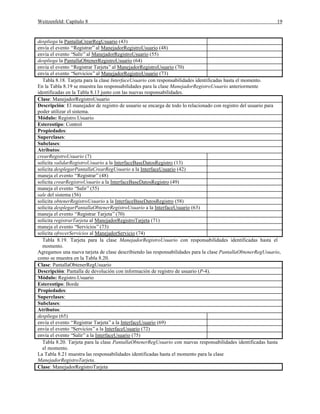 Weitzenfeld: Capítulo 8 19
despliega la PantallaCrearRegUsuario (43)
envía el evento “Registrar”al ManejadorRegistroUsuario (48)
envía el evento “Salir”al ManejadorRegistroUsuario (55)
despliega la PantallaObtenerRegistroUsuario (64)
envía el evento “Registrar Tarjeta”al ManejadorRegistroUsuario (70)
envía el evento “Servicios”al ManejadorRegistroUsuario (73)
Tabla 8.18. Tarjeta para la clase InterfaceUsuario con responsabilidades identificadas hasta el momento.
En la Tabla 8.19 se muestra las responsabilidades para la clase ManejadorRegistroUsuario anteriormente
identificadas en la Tabla 8.13 junto con las nuevas responsabilidades.
Clase: ManejadorRegistroUsuario
Descripción: El manejador de registro de usuario se encarga de todo lo relacionado con registro del usuario para
poder utilizar el sistema.
Módulo: Registro.Usuario
Estereotipo: Control
Propiedades:
Superclases:
Subclases:
Atributos:
crearRegistroUsuario (7)
solicita validarRegistroUsuario a la InterfaceBaseDatosRegistro (13)
solicita desplegarPantallaCrearRegUsuario a la InterfaceUsuario (42)
maneja el evento “Registrar”(48)
solicita crearRegistroUsuario a la InterfaceBaseDatosRegistro (49)
maneja el evento “Salir”(55)
sale del sistema (56)
solicita obtenerRegistroUsuario a la InterfaceBaseDatosRegistro (58)
solicita desplegarPantallaObtenerRegistroUsuario a la InterfaceUsuario (63)
maneja el evento “Registrar Tarjeta”(70)
solicita registrarTarjeta al ManejadorRegistroTarjeta (71)
maneja el evento “Servicios”(73)
solicita ofrecerServicios al ManejadorServicio (74)
Tabla 8.19. Tarjeta para la clase ManejadorRegistroUsuario con responsabilidades identificadas hasta el
momento.
Agregamos una nueva tarjeta de clase describiendo las responsabilidades para la clase PantallaObtenerRegUsuario,
como se muestra en la Tabla 8.20.
Clase: PantallaObtenerRegUsuario
Descripción: Pantalla de devolución con información de registro de usuario (P-4).
Módulo: Registro.Usuario
Estereotipo: Borde
Propiedades:
Superclases:
Subclases:
Atributos:
despliega (65)
envía el evento “Registrar Tarjeta”a la InterfaceUsuario (69)
envía el evento “Servicios”a la InterfaceUsuario (72)
envía el evento “Salir”a la InterfaceUsuario (75)
Tabla 8.20. Tarjeta para la clase PantallaObtenerRegUsuario con nuevas responsabilidades identificadas hasta
el momento.
La Tabla 8.21 muestra las responsabilidades identificadas hasta el momento para la clase
ManejadorRegistroTarjeta.
Clase: ManejadorRegistroTarjeta
 