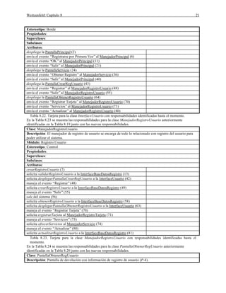 Weitzenfeld: Capítulo 8 21
Estereotipo: Borde
Propiedades:
Superclases:
Subclases:
Atributos:
despliega la PantallaPrincipal (2)
envía el evento “Registrarse por Primera Vez”al ManejadorPrincipal (6)
envía el evento “OK”al ManejadorPrincipal (11)
envía el evento “Salir”al ManejadorPrincipal (21)
despliega la PantallaServicio (24)
envía el evento “Obtener Registro”al ManejadorServicio (36)
envía el evento “Salir”al ManejadorPrincipal (40)
despliega la PantallaCrearRegUsuario (43)
envía el evento “Registrar”al ManejadorRegistroUsuario (48)
envía el evento “Salir”al ManejadorRegistroUsuario (55)
despliega la PantallaObtenerRegistroUsuario (64)
envía el evento “Registrar Tarjeta”al ManejadorRegistroUsuario (70)
envía el evento “Servicios”al ManejadorRegistroUsuario (73)
envía el evento “Actualizar”al ManejadorRegistroUsuario (80)
Tabla 8.22. Tarjeta para la clase InterfaceUsuario con responsabilidades identificadas hasta el momento.
En la Tabla 8.23 se muestra las responsabilidades para la clase ManejadorRegistroUsuario anteriormente
identificadas en la Tabla 8.19 junto con las nuevas responsabilidades.
Clase: ManejadorRegistroUsuario
Descripción: El manejador de registro de usuario se encarga de todo lo relacionado con registro del usuario para
poder utilizar el sistema.
Módulo: Registro.Usuario
Estereotipo: Control
Propiedades:
Superclases:
Subclases:
Atributos:
crearRegistroUsuario (7)
solicita validarRegistroUsuario a la InterfaceBaseDatosRegistro (13)
solicita desplegarPantallaCrearRegUsuario a la InterfaceUsuario (42)
maneja el evento “Registrar”(48)
solicita crearRegistroUsuario a la InterfaceBaseDatosRegistro (49)
maneja el evento “Salir”(55)
sale del sistema (56)
solicita obtenerRegistroUsuario a la InterfaceBaseDatosRegistro (58)
solicita desplegarPantallaObtenerRegistroUsuario a la InterfaceUsuario (63)
maneja el evento “Registrar Tarjeta”(70)
solicita registrarTarjeta al ManejadorRegistroTarjeta (71)
maneja el evento “Servicios”(73)
solicita ofrecerServicios al ManejadorServicio (74)
maneja el evento “Actualizar”(80)
solicita actualizarRegistroUsuario a la InterfaceBaseDatosRegistro (81)
Tabla 8.23. Tarjeta para la clase ManejadorRegistroUsuario con responsabilidades identificadas hasta el
momento.
En la Tabla 8.24 se muestra las responsabilidades para la clase PantallaObtenerRegUsuario anteriormente
identificadas en la Tabla 8.20 junto con las nuevas responsabilidades.
Clase: PantallaObtenerRegUsuario
Descripción: Pantalla de devolución con información de registro de usuario (P-4).
 