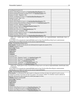 Weitzenfeld: Capítulo 8 24
crearRegistroUsuario (7)
solicita validarRegistroUsuario a la InterfaceBaseDatosRegistro (13)
solicita desplegarPantallaCrearRegUsuario a la InterfaceUsuario (42)
maneja el evento “Registrar”(48)
solicita crearRegistroUsuario a la InterfaceBaseDatosRegistro (49)
maneja el evento “Salir”(55)
sale del sistema (56)
solicita obtenerRegistroUsuario a la InterfaceBaseDatosRegistro (58)
solicita desplegarPantallaObtenerRegistroUsuario a la InterfaceUsuario (63)
maneja el evento “Registrar Tarjeta”(70)
solicita registrarTarjeta al ManejadorRegistroTarjeta (71)
maneja el evento “Servicios”(73)
solicita ofrecerServicios al ManejadorServicio (74)
maneja el evento “Actualizar”(80)
solicita actualizarRegistroUsuario a la InterfaceBaseDatosRegistro (81)
maneja el evento “Eliminar”(87)
solicita eliminarRegistroUsuario a la InterfaceBaseDatosRegistro (88)
Tabla 8.27. Tarjeta para la clase ManejadorRegistroUsuario con responsabilidades identificadas hasta el
momento.
En la Tabla 8.28 se muestra las responsabilidades para la clase PantallaObtenerRegUsuario anteriormente
identificadas en la Tabla 8.24 junto con las nuevas responsabilidades.
Clase: PantallaObtenerRegUsuario
Descripción: Pantalla de devolución con información de registro de usuario (P-4).
Módulo: Registro.Usuario
Estereotipo: Borde
Propiedades:
Superclases:
Subclases:
Atributos:
despliega (65)
envía el evento “Registrar Tarjeta”a la InterfaceUsuario (69)
envía el evento “Servicios”a la InterfaceUsuario (72)
envía el evento “Salir”a la InterfaceUsuario (75)
envía el evento “Actualizar”a la InterfaceUsuario (79)
envía el evento “Eliminar”a la InterfaceUsuario (86)
Tabla 8.28. Tarjeta para la clase PantallaObtenerRegUsuario con nuevas responsabilidades identificadas hasta
el momento.
En la Tabla 8.29 se muestra las responsabilidades para la clase InterfaceBaseDatosRegistro anteriormente
identificadas en la Tabla 8.25 junto con las nuevas responsabilidades.
Clase: InterfaceBaseDatosRegistro
Descripción: La información de cada usuario se almacena en la base de datos de registro la cual se accesa
mediante la interface de la base de datos de registro. Esto permite validar a los distintos usuarios además de
guardar información sobre la tarjeta de crédito para pagos en línea.
Módulo: Registro.InterfaceBD
Estereotipo: Interface
Propiedades:
Superclases:
Subclases:
Atributos:
solicita validarRegistroUsuario a la BaseDatosRegistro (14)
solicita crearRegistroUsuario a la BaseDatosRegistro (50)
solicita obtenerRegistroUsuario a la BaseDatosRegistro (59)
 