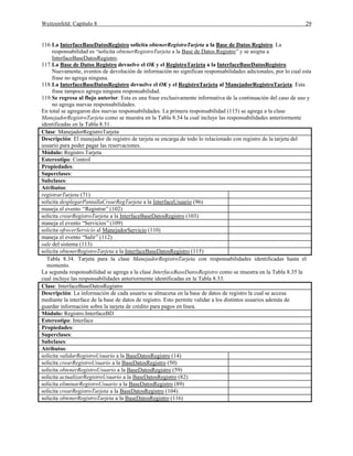 Weitzenfeld: Capítulo 8 29
116.La InterfaceBaseDatosRegistro solicita obtenerRegistroTarjeta a la Base de Datos Registro. La
responsabilidad es “solicita obtenerRegistroTarjeta a la Base de Datos Registro”y se asigna a
InterfaceBaseDatosRegistro.
117.La Base de Datos Registro devuelve el OK y el RegistroTarjeta a la InterfaceBaseDatosRegistro.
Nuevamente, eventos de devolución de información no significan responsabilidades adicionales, por lo cual esta
frase no agrega ninguna.
118.La InterfaceBaseDatosRegistro devuelve el OK y el RegistroTarjeta al ManejadorRegistroTarjeta. Esta
frase tampoco agrega ninguna responsabilidad.
119.Se regresa al flujo anterior. Esta es una frase exclusivamente informativa de la continuación del caso de uso y
no agrega nuevas responsabilidades.
En total se agregaron dos nuevas responsabilidades. La primera responsabilidad (115) se agrega a la clase
ManejadorRegistroTarjeta como se muestra en la Tabla 8.34 la cual incluye las responsabilidades anteriormente
identificadas en la Tabla 8.31.
Clase: ManejadorRegistroTarjeta
Descripción: El manejador de registro de tarjeta se encarga de todo lo relacionado con registro de la tarjeta del
usuario para poder pagar las reservaciones.
Módulo: Registro.Tarjeta
Estereotipo: Control
Propiedades:
Superclases:
Subclases:
Atributos:
registrarTarjeta (71)
solicita desplegarPantallaCrearRegTarjeta a la InterfaceUsuario (96)
maneja el evento “Registrar”(102)
solicita crearRegistroTarjeta a la InterfaceBaseDatosRegistro (103)
maneja el evento “Servicios”(109)
solicita ofrecerServicio al ManejadorServicio (110)
maneja el evento “Salir”(112)
sale del sistema (113)
solicita obtenerRegistroTarjeta a la InterfaceBaseDatosRegistro (115)
Tabla 8.34. Tarjeta para la clase ManejadorRegistroTarjeta con responsabilidades identificadas hasta el
momento.
La segunda responsabilidad se agrega a la clase InterfaceBaseDatosRegistro como se muestra en la Tabla 8.35 la
cual incluye las responsabilidades anteriormente identificadas en la Tabla 8.33.
Clase: InterfaceBaseDatosRegistro
Descripción: La información de cada usuario se almacena en la base de datos de registro la cual se accesa
mediante la interface de la base de datos de registro. Esto permite validar a los distintos usuarios además de
guardar información sobre la tarjeta de crédito para pagos en línea.
Módulo: Registro.InterfaceBD
Estereotipo: Interface
Propiedades:
Superclases:
Subclases:
Atributos:
solicita validarRegistroUsuario a la BaseDatosRegistro (14)
solicita crearRegistroUsuario a la BaseDatosRegistro (50)
solicita obtenerRegistroUsuario a la BaseDatosRegistro (59)
solicita actualizarRegistroUsuario a la BaseDatosRegistro (82)
solicita eliminarRegistroUsuario a la BaseDatosRegistro (89)
solicita crearRegistroTarjeta a la BaseDatosRegistro (104)
solicita obtenerRegistroTarjeta a la BaseDatosRegistro (116)
 