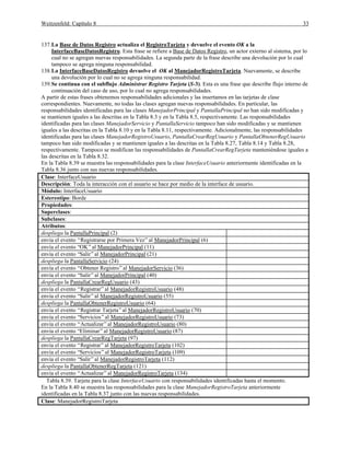 Weitzenfeld: Capítulo 8 33
137.La Base de Datos Registro actualiza el RegistroTarjeta y devuelve el evento OK a la
InterfaceBaseDatosRegistro. Esta frase se refiere a Base de Datos Registro, un actor externo al sistema, por lo
cual no se agregan nuevas responsabilidades. La segunda parte de la frase describe una devolución por lo cual
tampoco se agrega ninguna responsabilidad.
138.La InterfaceBaseDatosRegistro devuelve el OK al ManejadorRegistroTarjeta. Nuevamente, se describe
una devolución por lo cual no se agrega ninguna responsabilidad.
139.Se continua con el subflujo Administrar Registro Tarjeta (S-3). Esta es una frase que describe flujo interno de
continuación del caso de uso, por lo cual no agrega responsabilidades.
A partir de estas frases obtenemos responsabilidades adicionales y las insertamos en las tarjetas de clase
correspondientes. Nuevamente, no todas las clases agregan nuevas responsabilidades. En particular, las
responsabilidades identificadas para las clases ManejadorPrincipal y PantallaPrincipal no han sido modificadas y
se mantienen iguales a las descritas en la Tabla 8.3 y en la Tabla 8.5, respectivamente. Las responsabilidades
identificadas para las clases ManejadorServicio y PantallaServicio tampoco han sido modificadas y se mantienen
iguales a las descritas en la Tabla 8.10 y en la Tabla 8.11, respectivamente. Adicionalmente, las responsabilidades
identificadas para las clases ManejadorRegistroUsuario, PantallaCrearRegUsuario y PantallaObtenerRegUsuario
tampoco han sido modificadas y se mantienen iguales a las descritas en la Tabla 8.27, Tabla 8.14 y Tabla 8.28,
respectivamente. Tampoco se modifican las responsabilidades de PantallaCrearRegTarjeta manteniéndose iguales a
las descritas en la Tabla 8.32.
En la Tabla 8.39 se muestra las responsabilidades para la clase InterfaceUsuario anteriormente identificadas en la
Tabla 8.36 junto con sus nuevas responsabilidades.
Clase: InterfaceUsuario
Descripción: Toda la interacción con el usuario se hace por medio de la interface de usuario.
Módulo: InterfaceUsuario
Estereotipo: Borde
Propiedades:
Superclases:
Subclases:
Atributos:
despliega la PantallaPrincipal (2)
envía el evento “Registrarse por Primera Vez”al ManejadorPrincipal (6)
envía el evento “OK”al ManejadorPrincipal (11)
envía el evento “Salir”al ManejadorPrincipal (21)
despliega la PantallaServicio (24)
envía el evento “Obtener Registro”al ManejadorServicio (36)
envía el evento “Salir”al ManejadorPrincipal (40)
despliega la PantallaCrearRegUsuario (43)
envía el evento “Registrar”al ManejadorRegistroUsuario (48)
envía el evento “Salir”al ManejadorRegistroUsuario (55)
despliega la PantallaObtenerRegistroUsuario (64)
envía el evento “Registrar Tarjeta”al ManejadorRegistroUsuario (70)
envía el evento “Servicios”al ManejadorRegistroUsuario (73)
envía el evento “Actualizar”al ManejadorRegistroUsuario (80)
envía el evento “Eliminar”al ManejadorRegistroUsuario (87)
despliega la PantallaCrearRegTarjeta (97)
envía el evento “Registrar”al ManejadorRegistroTarjeta (102)
envía el evento “Servicios”al ManejadorRegistroTarjeta (109)
envía el evento “Salir”al ManejadorRegistroTarjeta (112)
despliega la PantallaObtenerRegTarjeta (121)
envía el evento “Actualizar”al ManejadorRegistroTarjeta (134)
Tabla 8.39. Tarjeta para la clase InterfaceUsuario con responsabilidades identificadas hasta el momento.
En la Tabla 8.40 se muestra las responsabilidades para la clase ManejadorRegistroTarjeta anteriormente
identificadas en la Tabla 8.37 junto con las nuevas responsabilidades.
Clase: ManejadorRegistroTarjeta
 
