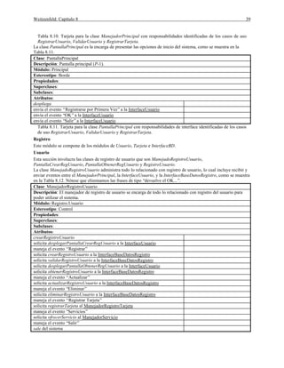 Weitzenfeld: Capítulo 8 39
Tabla 8.10. Tarjeta para la clase ManejadorPrincipal con responsabilidades identificadas de los casos de uso
RegistrarUsuario, ValidarUsuario y RegistrarTarjeta.
La clase PantallaPrincipal es la encarga de presentar las opciones de inicio del sistema, como se muestra en la
Tabla 8.11.
Clase: PantallaPrincipal
Descripción: Pantalla principal (P-1).
Módulo: Principal
Estereotipo: Borde
Propiedades:
Superclases:
Subclases:
Atributos:
despliega
envía el evento “Registrarse por Primera Vez”a la InterfaceUsuario
envía el evento “OK”a la InterfaceUsuario
envía el evento “Salir”a la InterfaceUsuario
Tabla 8.11. Tarjeta para la clase PantallaPrincipal con responsabilidades de interface identificadas de los casos
de uso RegistrarUsuario, ValidarUsuario y RegistrarTarjeta.
Registro
Este módulo se compone de los módulos de Usuario, Tarjeta e InterfaceBD.
Usuario
Esta sección involucra las clases de registro de usuario que son ManejadoRegistroUsuario,
PantallaCrearRegUsuario, PantallaObtenerRegUsuario y RegistroUsuario.
La clase ManejadoRegistroUsuario administra todo lo relacionado con registro de usuario, lo cual incluye recibir y
enviar eventos entre el ManejadorPrincipal, la InterfaceUsuario, y la InterfaceBaseDatosRegistro, como se muestra
en la Tabla 8.12. Nótese que eliminamos las frases de tipo “devuelve el OK...”.
Clase: ManejadorRegistroUsuario
Descripción: El manejador de registro de usuario se encarga de todo lo relacionado con registro del usuario para
poder utilizar el sistema.
Módulo: Registro.Usuario
Estereotipo: Control
Propiedades:
Superclases:
Subclases:
Atributos:
crearRegistroUsuario
solicita desplegarPantallaCrearRegUsuario a la InterfaceUsuario
maneja el evento “Registrar”
solicita crearRegistroUsuario a la InterfaceBaseDatosRegistro
solicita validarRegistroUsuario a la InterfaceBaseDatosRegistro
solicita desplegarPantallaObtenerRegUsuario a la InterfaceUsuario
solicita obtenerRegistroUsuario a la InterfaceBaseDatosRegistro
maneja el evento “Actualizar”
solicita actualizarRegistroUsuario a la InterfaceBaseDatosRegistro
maneja el evento “Eliminar”
solicita eliminarRegistroUsuario a la InterfaceBaseDatosRegistro
maneja el evento “Registrar Tarjeta”
solicita registrarTarjeta al ManejadorRegistroTarjeta
maneja el evento “Servicios”
solicita ofrecerServicio al ManejadorServicio
maneja el evento “Salir”
sale del sistema
 