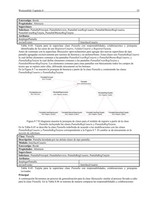 Weitzenfeld: Capítulo 8 55
Estereotipo: Borde
Propiedades: Abstracta
Superclases:
Subclases: PantallaPrincipal, PantallaServicio, PantallaCrearRegUsuario, PantallaObtenerRegUsuario,
PantallaCrearRegTarjeta, PantallaObtenerRegTarjeta
Atributos:
desplegarPantalla
enviarEvento InterfaceUsuario
Tabla 8.44. Tarjeta para la superclase clase Pantalla con responsabilidades, colaboraciones y jerarquías
identificadas de los casos de uso RegistrarUsuario, ValidarUsuario y RegistrarTarjeta.
Antes de continuar con la superclase Manejador aprovecharemos para agregar dos nuevas superclases de tipo
pantalla agregadas exclusivamente por razones de herencia y no polimorfismo. Estas clases son PantallaRegUsuario
la cual define elementos comunes a las pantallas PantallaCrearRegUsuario y PantallaObtenerRegUsuario, y
PantallaRegTarjeta la cual define elementos comunes a las pantallas PantallaCrearRegTarjeta y
PantallaObtenerRegTarjeta. Los elementos comunes para estas pantallas son básicamente todos los campos de
textos que se repiten entre ellas, difiriendo únicamente en los botones.
En la Figura 8.7 se muestra la jerarquía de herencia a partir de la clase Pantalla y conteniendo las clases
PantallaRegUsuario y PantallaRegTarjeta.
Pantalla
(from InterfaceUsuario)
PantallaPrincipal
(from Principal)
PantallaServicio
(from Servicios)
PantallaRegUsuario
(from Registro.Usuario)
PantallaCrearRegUsuario
(from Registro.Usuario)
PantallaObtenerRegUsuario
(from Registro.Usuario)
PantallaRegTarjeta
(from Registro.Tarjeta)
PantallaCrearRegTarjeta
(from Registro.Tarjeta)
PantallaObtenerRegTarjeta
(from Registro.Tarjeta)
Figura 8.7 El diagrama muestra la jerarquía de clases para el módulo de registro a partir de la clase
Pantalla incluyendo las clases PantallaRegUsuario y PantallaRegTarjeta.
En la Tabla 8.45 se describe la clase Pantalla redefinida de acuerdo a las modificaciones con las clases
PantallaRegUsuario y PantallaRegTarjeta correspondiente a la Figura 8.7. El cambio se da únicamente en la
sección de subclases.
Clase: Pantalla
Descripción: Pantalla heredada por las demás clases de tipo pantalla.
Módulo: InterfaceUsuario
Estereotipo: Borde
Propiedades: Abstracta
Superclases:
Subclases: PantallaPrincipal, PantallaServicio, PantallaRegUsuario, PantallaRegTarjeta
Atributos:
desplegarPantalla
enviarEvento InterfaceUsuario
Tabla 8.45. Tarjeta para la superclase clase Pantalla con responsabilidades, colaboraciones y jerarquías
revisadas.
Principal
A continuación llevaremos un proceso de generalización para la clase Manejador similar al proceso llevado a cabo
para la clase Pantalla. En la Tabla 8.46 se muestra de manera compacta las responsabilidades y colaboraciones
 