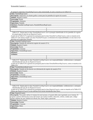 Weitzenfeld: Capítulo 8 60
Se agrega la superclase PantallaRegUsuario antes mencionada, la cual se muestra en la Tabla 8.52.
Clase: PantallaRegUsuario
Descripción: Superclase con diseño gráfico común para las pantallas de registro de usuario.
Módulo: Registro.Usuario
Estereotipo: Borde
Propiedades: Abstracta
Superclases: Pantalla
Subclases: PantallaCrearRegUsuario, PantallaObtenerRegUsuario
Atributos:
Tabla 8.52. Tarjeta para la clase PantallaRegUsuario con la jerarquía identificadas de las pantallas de registro
de usuario para el caso de uso RegistrarUsuario.
A partir de la Tabla 8.27 se generan las jerarquías para la clase PantallaCrearRegUsuario, como se muestra en la
Tabla 8.53. De manera similar a la clase PantallaPrincipal, se eliminaron las responsabilidades en esta clase al ser
descritas en la superclase Pantalla.
Clase: PantallaCrearRegUsuario
Descripción: Pantalla de solicitud de registro de usuario (P-3).
Módulo: Registro.Usuario
Estereotipo: Borde
Propiedades: Concreta
Superclases: PantallaRegUsuario
Subclases:
Atributos:
Tabla 8.53. Tarjeta para la clase PantallaCrearRegUsuario con responsabilidades, colaboraciones y jerarquías
identificadas del caso de uso RegistrarUsuario.
A partir de la Tabla 8.28 se generan las jerarquías para la clase PantallaObtenerRegUsuario, como se muestra en la
Tabla 8.54.
Clase: PantallaObtenerRegUsuario
Descripción: Pantalla de devolución con información de registro de usuario (P-4).
Módulo: Registro.Usuario
Estereotipo: Borde
Propiedades: Concreta
Superclases: PantallaRegUsuario
Subclases:
Atributos:
Tabla 8.54. Tarjeta para la clase PantallaCrearRegUsuario con responsabilidades, colaboraciones y jerarquías
identificadas del caso de uso RegistrarUsuario.
A partir de la Tabla 8.29 se generan las jerarquías para la clase RegistroUsuario, como se muestra en la Tabla 8.55.
Nótese que RegistroUsuario es una subclase de la recién introducida clase Datos.
Clase: RegistroUsuario
Descripción: Para poder utilizar el sistema de reservaciones, el usuario debe estar registrado con el sistema. El
registro contiene información acerca del usuario que incluye nombre, dirección, colonia, ciudad, país, código
postal, teléfono de casa, teléfono de oficina, fax, email, login y password.
Módulo: Registro.Usuario
Estereotipo: Entidad
Propiedades: Concreta
Superclases: Datos
Subclases:
 
