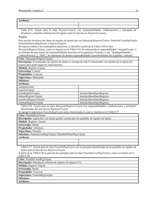 Weitzenfeld: Capítulo 8 61
Atributos:
Tabla 8.55. Tarjeta para la clase RegistroUsuario con responsabilidades, colaboraciones y jerarquías de
actualizar y consultar información de registro para el caso de uso RegistrarUsuario.
Tarjeta
Esta sección involucra las clases de registro de tarjeta que son ManejadoRegistroTarjeta, PantallaCrearRegTarjeta,
PantallaObtenerRegTarjeta y RegistroTarjeta.
De manera similar a los manejadores anteriores, se describe a partir de la Tabla 8.30 la clase
ManejadoRegistroTarjeta, como se muestra en la Tabla 8.56. Se sobrescribe la responsabilidad “manejarEvento”y
se eliminan de esta tarjeta las responsabilidades descritas en la superclase Pantalla, o sea, “desplegarPantalla”,
“ofrecerServicio”y “Salir”. Se mantienen las demás responsabilidades reescribiéndolas sin la palabra “solicita”.
Clase: ManejadorRegistroTarjeta
Descripción: El manejador de registro de tarjeta se encarga de todo lo relacionado con registro de la tarjeta del
usuario para poder pagar las reservaciones.
Módulo: Registro.Tarjeta
Estereotipo: Control
Propiedades: Concreta
Superclases: Manejador
Subclases:
Atributos:
manejarEvento
registrarTarjeta
crearRegistroTarjeta InterfaceBaseDatosRegistro
obtenerRegistroTarjeta InterfaceBaseDatosRegistro
actualizarRegistroTarjeta InterfaceBaseDatosRegistro
eliminarRegistroTarjeta InterfaceBaseDatosRegistro
Tabla 8.56. Tarjeta para la clase ManejadoRegistroTarjeta con responsabilidades, colaboraciones y jerarquías
identificadas del caso de uso RegistrarTarjeta.
Se agrega la superclase PantallaRegTarjeta antes mencionada, la cual se muestra en la Tabla 8.57.
Clase: PantallaRegTarjeta
Descripción: Superclase con diseño gráfico común para las pantallas de registro de tarjeta.
Módulo: Registro. Tarjeta
Estereotipo: Borde
Propiedades: Abstracta
Superclases: Pantalla
Subclases: PantallaCrearRegTarjeta, PantallaObtenerRegTarjeta
Atributos:
Tabla 8.57. Tarjeta para la clase PantallaRegTarjeta con la jerarquía identificadas de las pantallas de registro de
tarjeta para el caso de uso RegistrarTarjeta.
A partir de la Tabla 8.30 se generan las jerarquías para la clase PantallaCrearRegTarjeta, como se muestra en la
Tabla 8.58.
Clase: PantallaCrearRegTarjeta
Descripción: Pantalla de solicitud de registro de tarjeta (P-5).
Módulo: Registro.Tarjeta
Estereotipo: Borde
Propiedades: Concreta
Superclases: PantallaRegTarjeta
Subclases:
Atributos:
 
