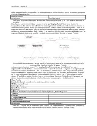 Weitzenfeld: Capítulo 8 66
dichas responsabilidades corresponden a los mismos nombres en la clase InterfaceUsuario, sin embargo representan
responsabilidades separados.
desplegarPantalla
enviarEvento InterfaceUsuario
Tabla 8.66. Responsabilidades para la superclase clase Pantalla definidas en la Tabla 8.44 en la sección de
jerarquías.
Si analizamos estas responsabilidades podemos observar que “desplegarPantalla”tiene como cliente a la
InterfaceUsuario. Sin embargo “enviarEvento”no tiene ningún cliente identificado por lo cual la convertiremos en
una responsabilidad privada. Nótese que esta responsabilidad colabora con los diversos manejadores a través de la
superclase Manejador. En general, tanto las responsabilidades privadas como las públicas, a través de sus contratos,
pueden tener ambas colaboradores. En la Figura 8.13. se muestra la clase InterfaceUsuario que solicita servicio a las
responsabilidades de las diversas pantallas a través de las responsabilidades descritas en la clase Pantalla.
InterfaceUsuario
(from InterfaceUsuario)
PantallaRegUsuario
(from Registro.Usuario)
PantallaRegTarjeta
(from Registro.Tarjeta)
PantallaPrincipal
(from Principal)
PantallaServicio
(from Servicios)
PantallaCrearRegUsuario
(from Registro.Usuario)
PantallaObtenerRegUsuario
(from Registro.Usuario)
PantallaCrearRegTarjeta
(from Registro.Tarjeta)
PantallaObtenerRegTarjeta
(from Registro.Tarjeta)
Pantalla
(from InterfaceUsuario)
desplegarPantalla
Figura 8.13 El diagrama muestra la clase InterfaceUsuario como cliente de las diversas pantallas a través de la
responsabilidad “desplegarPantalla”de la clase Pantalla.
Asignaremos como contrato número “1”a “desplegarPantalla”, mientras que “enviarEvento”será una
responsabilidad privada. En base a estas consideraciones y a partir de la Tabla 8.44 se genera la descripción para la
clase Pantalla, como se muestra en la Tabla 8.67. Nótese en la columna derecha como InterfaceUsuario aparece
como colaborador de la responsabilidad “enviarEvento”a pesar de que ésta es privada. Adicionalmente, se agregó
un “2”entre paréntesis a la derecha de la clase colaboradora InterfaceUsuario. Este “2”corresponde al contrato
número “2”definido en la clase InterfaceUsuario, en otras palabras el contrato “Enviar Evento”. Agregando este
número tenemos información adicional sobre la colaboración entre clases pero a nivel de contratos.
Clase: Pantalla
Descripción: Pantalla heredada por las demás clases de tipo pantalla.
Módulo: InterfaceUsuario
Estereotipo: Borde
Propiedades: Abstracta
Superclases:
Subclases: PantallaPrincipal, PantallaServicio, PantallaRegUsuario, PantallaRegTarjeta
Atributos:
Contratos
1. Desplegar Pantalla
desplegarPantalla
Responsabilidades Privadas
enviarEvento InterfaceUsuario (2)
Tabla 8.67. Tarjeta para la superclase clase Pantalla con responsabilidades, colaboraciones, jerarquías y
contratos identificadas de los casos de uso RegistrarUsuario, ValidarUsuario y RegistrarTarjeta.
 