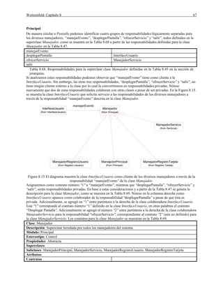 Weitzenfeld: Capítulo 8 67
Principal
De manera similar a Pantalla podemos identificar cuatro grupos de responsabilidades lógicamente separadas para
los diversos manejadores, “manejarEvento”, “desplegarPantalla”, “ofrecerServicio”y “salir”, todos definidos en la
superclase Manejador, como se muestra en la Tabla 8.68 a partir de las responsabilidades definidas para la clase
Manejador en la Tabla 8.47.
manejarEvento
desplegarPantalla InterfaceUsuario
ofrecerServicio ManejadorServicio
salir
Tabla 8.68. Responsabilidades para la superclase clase Manejador definidas en la Tabla 8.45 en la sección de
jerarquías.
Si analizamos estas responsabilidades podemos observar que “manejarEvento”tiene como cliente a la
InterfaceUsuario. Sin embargo, las otras tres responsabilidades, “desplegarPantalla”, “ofrecerServicio”y “salir”, no
tiene ningún cliente externo a la clase por lo cual la convertiremos en responsabilidades privadas. Nótese
nuevamente que dos de estas responsabilidades colaboran con otras clases a pesar de ser privadas. En la Figura 8.15.
se muestra la clase InterfaceUsuario que solicita servicio a las responsabilidades de los diversos manejadores a
través de la responsabilidad “manejarEvento”descrita en la clase Manejador.
ManejadorPrincipal
(from Principal)
ManejadorRegistroTarjeta
(from Registro.Tarjeta)
ManejadorRegistroUsuario
(from Registro.Usuario)
ManejadorServicio
(from Servicios)
InterfaceUsuario
(from InterfaceUsuario)
Manejador
(from Principal)
manejarEvento
Figura 8.15 El diagrama muestra la clase InterfaceUsuario como cliente de los diversos manejadores a través de la
responsabilidad “manejarEvento”de la clase Manejador.
Asignaremos como contrato número “1”a “manejarEvento”, mientras que “desplegarPantalla”, “ofrecerServicio”y
“salir”, serán responsabilidades privadas. En base a estas consideraciones y a partir de la Tabla 8.47 se genera la
descripción para la clase Manejador, como se muestra en la Tabla 8.69. Nótese en la columna derecha como
InterfaceUsuario aparece como colaborador de la responsabilidad “desplegarPantalla”a pesar de que ésta es
privada. Adicionalmente, se agregó un “1”entre paréntesis a la derecha de la clase colaboradora InterfaceUsuario.
Este “1”corresponde al contrato número “1”definido en la clase InterfaceUsuario, en otras palabras el contrato
“Desplegar Pantalla”. Adicionalmente se agregó el número “2”entre paréntesis a la derecha de la clase colaboradora
ManjeadorServicio para la responsabilidad “ofrecerServicio”, correspondiente al contrato “2”(aún no definido) para
la clase ManejadorServicio. Los contratos para la clase Manejador se muestran en la Tabla 8.69.
Clase: Manejador
Descripción: Superclase heredada por todos los manejadores del sistema.
Módulo: Principal
Estereotipo: Control
Propiedades: Abstracta
Superclases:
Subclases: ManejadorPrincipal, ManejadorServicio, ManejadorRegistroUsuario, ManejadorRegistroTarjeta
Atributos:
Contratos
 