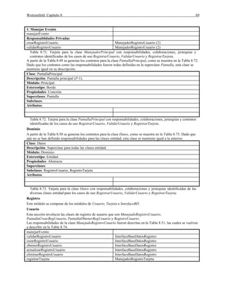 Weitzenfeld: Capítulo 8 69
1. Manejar Evento
manejarEvento
Responsablidades Privadas
crearRegistroUsuario ManejadorRegistroUsuario (2)
validarRegistroUsuario ManejadorRegistroUsuario (2)
Tabla 8.71. Tarjeta para la clase ManejadorPrincipal con responsabilidades, colaboraciones, jerarquías y
contratos identificadas de los casos de uso RegistrarUsuario, ValidarUsuario y RegistrarTarjeta.
A partir de la Tabla 8.49 se generan los contratos para la clase PantallaPrincipal, como se muestra en la Tabla 8.72.
Dado que los contratos como las responsabilidades fueron todas definidas en la superclase Pantalla, esta clase se
mantiene igual en su descripción.
Clase: PantallaPrincipal
Descripción: Pantalla principal (P-1).
Módulo: Principal
Estereotipo: Borde
Propiedades: Concreta
Superclases: Pantalla
Subclases:
Atributos:
Tabla 8.72. Tarjeta para la clase PantallaPrincipal con responsabilidades, colaboraciones, jerarquías y contratos
identificadas de los casos de uso RegistrarUsuario, ValidarUsuario y RegistrarTarjeta.
Dominio
A partir de la Tabla 8.50 se generan los contratos para la clase Datos, como se muestra en la Tabla 8.73. Dado que
aún no se han definido responsabilidades para las clases entidad, esta clase se mantiene igual a la anterior.
Clase: Datos
Descripción: Superclase para todas las clases entidad.
Módulo: Dominio
Estereotipo: Entidad
Propiedades: Abstracta
Superclases:
Subclases: RegistroUsuario, RegistroTarjeta
Atributos:
Tabla 8.73. Tarjeta para la clase Datos con responsabilidades, colaboraciones y jerarquías identificadas de las
diversas clases entidad para los casos de uso RegistrarUsuario, ValidarUsuario y RegistrarTarjeta.
Registro
Este módulo se compone de los módulos de Usuario, Tarjeta e InterfaceBD.
Usuario
Esta sección involucra las clases de registro de usuario que son ManejadoRegistroUsuario,
PantallaCrearRegUsuario, PantallaObtenerRegUsuario y RegistroUsuario.
Las responsabilidades de la clase ManejadoRegistroUsuario fueron descritas en la Tabla 8.51, las cuales se vuelven
a describir en la Tabla 8.74.
manejarEvento
validarRegistroUsuario InterfaceBaseDatosRegistro
crearRegistroUsuario InterfaceBaseDatosRegistro
obtenerRegistroUsuario InterfaceBaseDatosRegistro
actualizarRegistroUsuario InterfaceBaseDatosRegistro
eliminarRegistroUsuario InterfaceBaseDatosRegistro
registrarTarjeta ManejadorRegistroTarjeta
 