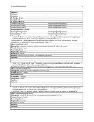 Weitzenfeld: Capítulo 8 71
Subclases:
Atributos:
Contratos
1. Manejar Evento
manejarEvento
2. Registrar Usuario
crearRegistroUsuario InterfaceBaseDatosRegistro (1)
validarRegistroUsuario InterfaceBaseDatosRegistro (1)
obtenerRegistroUsuario InterfaceBaseDatosRegistro (1)
Responsabilidades Privadas
actualizarRegistroUsuario InterfaceBaseDatosRegistro (1)
eliminarRegistroUsuario InterfaceBaseDatosRegistro (1)
registrarTarjeta ManejadorRegistroTarjeta (2)
Tabla 8.75. Tarjeta para la clase ManejadoRegistroUsuario con responsabilidades, colaboraciones, jerarquías y
contratos identificadas de los casos de uso RegistrarUsuario y ValidarUsuario.
De manera similar a las demás pantallas, la clase PantallaRegUsuario se describe igual a como se describió
originalmente en la Tabla 8.50, como se muestra en la Tabla 8.76.
Clase: PantallaRegUsuario
Descripción: Superclase con diseño gráfico común para las pantallas de registro de usuario.
Módulo: Registro.Usuario
Estereotipo: Borde
Propiedades: Abstracta
Superclases: Pantalla
Subclases: PantallaCrearRegUsuario, PantallaObtenerRegUsuario
Atributos:
Tabla 8.76. Tarjeta para la clase PantallaRegUsuario con responsabilidades, colaboraciones, jerarquías y
contratos identificadas del caso de uso RegistrarUsuario.
A partir de la Tabla 8.53 se genera la clase PantallaCrearRegUsuario, como se muestra en la Tabla 8.77.
Clase: PantallaCrearRegUsuario
Descripción: Pantalla de solicitud de registro de usuario (P-3).
Módulo: Registro.Usuario
Estereotipo: Borde
Propiedades: Concreta
Superclases: Pantalla
Subclases:
Atributos:
Tabla 8.77. Tarjeta para la clase PantallaCrearRegUsuario con responsabilidades, colaboraciones, jerarquías y
contratos identificadas del caso de uso RegistrarUsuario.
A partir de la Tabla 8.54 se genera la clase PantallaObtenerRegUsuario, como se muestra en la Tabla 8.78.
Clase: PantallaObtenerRegUsuario
Descripción: Pantalla de devolución con información de registro de usuario (P-4).
Módulo: Registro.Usuario
Estereotipo: Borde
Propiedades: Concreta
Superclases: Pantalla
Subclases:
Atributos:
 