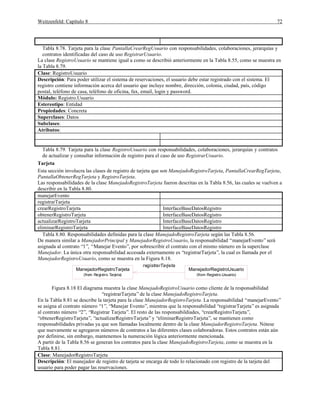 Weitzenfeld: Capítulo 8 72
Tabla 8.78. Tarjeta para la clase PantallaCrearRegUsuario con responsabilidades, colaboraciones, jerarquías y
contratos identificadas del caso de uso RegistrarUsuario.
La clase RegistroUsuario se mantiene igual a como se describió anteriormente en la Tabla 8.55, como se muestra en
la Tabla 8.79.
Clase: RegistroUsuario
Descripción: Para poder utilizar el sistema de reservaciones, el usuario debe estar registrado con el sistema. El
registro contiene información acerca del usuario que incluye nombre, dirección, colonia, ciudad, país, código
postal, teléfono de casa, teléfono de oficina, fax, email, login y password.
Módulo: Registro.Usuario
Estereotipo: Entidad
Propiedades: Concreta
Superclases: Datos
Subclases:
Atributos:
Tabla 8.79. Tarjeta para la clase RegistroUsuario con responsabilidades, colaboraciones, jerarquías y contratos
de actualizar y consultar información de registro para el caso de uso RegistrarUsuario.
Tarjeta
Esta sección involucra las clases de registro de tarjeta que son ManejadoRegistroTarjeta, PantallaCrearRegTarjeta,
PantallaObtenerRegTarjeta y RegistroTarjeta.
Las responsabilidades de la clase ManejadoRegistroTarjeta fueron descritas en la Tabla 8.56, las cuales se vuelven a
describir en la Tabla 8.80.
manejarEvento
registrarTarjeta
crearRegistroTarjeta InterfaceBaseDatosRegistro
obtenerRegistroTarjeta InterfaceBaseDatosRegistro
actualizarRegistroTarjeta InterfaceBaseDatosRegistro
eliminarRegistroTarjeta InterfaceBaseDatosRegistro
Tabla 8.80. Responsabilidades definidas para la clase ManejadoRegistroTarjeta según las Tabla 8.56.
De manera similar a ManejadorPrincipal y ManejadorRegistroUsuario, la responsabilidad “manejarEvento”será
asignada al contrato “1”, “Manejar Evento”, por sobrescribir el contrato con el mismo número en la superclase
Manejador. La única otra responsabilidad accesada externamente es “registrarTarjeta”, la cual es llamada por el
ManejadorRegistroUsuario, como se muestra en la Figura 8.18.
ManejadorRegistroUsuario
(from Registro.Usuario)
ManejadorRegistroTarjeta
(from Registro.Tarjeta)
registrarTarjeta
Figura 8.18 El diagrama muestra la clase ManejadoRegistroUsuario como cliente de la responsabilidad
“registrarTarjeta”de la clase ManejadoRegistroTarjeta.
En la Tabla 8.81 se describe la tarjeta para la clase ManejadorRegistroTarjeta. La responsabilidad “manejarEvento”
se asigna al contrato número “1”, “Manejar Evento”, mientras que la responsabilidad “registrarTarjeta”es asignada
al contrato número “2”, “Registrar Tarjeta”. El resto de las responsabildiades, “crearRegistroTarjeta”,
“obtenerRegistroTarjeta”, “actualizarRegistroTarjeta”y “eliminarRegistroTarjeta”, se mantienen como
responsabilidades privadas ya que son llamadas localmente dentro de la clase ManejadorRegistroTarjeta. Nótese
que nuevamente se agregaron números de contratos a las diferentes clases colaboradoras. Estos contratos están aún
por definirse, sin embargo, mantenemos la numeración lógica anteriormente mencionada.
A partir de la Tabla 8.56 se generan los contratos para la clase ManejadoRegistroTarjeta, como se muestra en la
Tabla 8.81.
Clase: ManejadorRegistroTarjeta
Descripción: El manejador de registro de tarjeta se encarga de todo lo relacionado con registro de la tarjeta del
usuario para poder pagar las reservaciones.
 