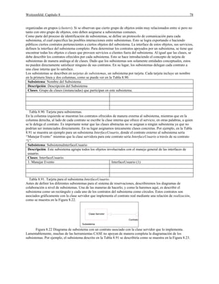 Weitzenfeld: Capítulo 8 78
organizadas en grupos (clusters). Si se observan que cierto grupo de objetos están muy relacionados entre si pero no
tanto con otro grupo de objetos, esto deben asignarse a subsistemas comunes.
Como parte del proceso de identificación de subsistemas, se define un protocolo de comunicación para cada
subsistema, el cual especifica las posibles interacciones entre subsistemas. Esto se logra exportando o haciendo
públicos ciertos contratos pertenecientes a ciertos objetos del subsistema. La interface de estos objetos, sus servicios,
definen la interface del subsistema completo. Para determinar los contratos apoyados por un subsistema, se tiene que
encontrar todas los objetos o clases que proveen servicios a clientes fuera del subsistema. Al igual que las clases, se
debe describir los contratos ofrecidos por cada subsistema. Esto se hace introduciendo el concepto de tarjeta de
subsistemas de manera análoga al de clases. Dado que los subsistemas son solamente entidades conceptuales, estos
no pueden directamente satisfacer ninguno de sus contratos. En su lugar, los subsistemas delegan cada contrato a
una clase interna que lo satisface.
Los subsistemas se describen en tarjetas de subsistemas, un subsistema por tarjeta. Cada tarjeta incluye un nombre
en la primera línea y dos columnas, como se puede ver en la Tabla 8.90.
Subsistema: Nombre del Subsistema
Descripción: Descripción del Subsistema
Clases: Grupo de clases (instanciadas) que participan en este subsistema.
Tabla 8.90. Tarjeta para subsistemas.
En la columna izquierda se muestran los contratos ofrecidos de manera externa al subsistema, mientras que en la
columna derecha, al lado de cada contrato se escribe la clase interna que ofrece el servicio, en otras palabras, a quien
se le delega el contrato. Es importante notar que las clases abstractas no se asignan a ningún subsistema ya que no
podrían ser instanciados directamente. En su lugar asignamos únicamente clases concretas. Por ejemplo, en la Tabla
8.91 se muestra un ejemplo para un subsistema InterfaceUsuario, donde el contrato externo al subsistema sería
“Manejar Evento” mientras que la clase servidora para este contrato sería InterfaceUsuario a través de su contrato
“1”.
Subsistema: SubsistemaInterfaceUsuario
Descripción: Este subsistema agrupa todos los objetos involucrados con el manejo general de las interfaces de
usuario.
Clases: InterfaceUsuario.
1. Manejar Evento InterfaceUsuario (1)
Tabla 8.91. Tarjeta para el subsistema InterfaceUsuario.
Antes de definir los diferentes subsistemas para el sistema de reservaciones, describiremos los diagramas de
colaboración a nivel de subsistemas. Una de las maneras de hacerlo, y como la haremos aquí, es describir el
subsistema como un rectángulo y cada uno de los contratos del subsistema como círculos. Estos contratos son
asociados gráficamente con la clase servidor que implementa el contrato real mediante una relación de realización,
como se muestra en la Figura 8.22.
Contrato
Clase Servidor
Subsistema
Figura 8.22 Diagrama de subsistema con un contrato asociado con la clase servidor que lo implementa.
Lamentablemente, muchas de las herramientas CASE no apoyan de manera completa la diagramación de los
subsistemas. Por ejemplo, el subsistema descrito en la Tabla 8.91 se describiría como se muestra en la Figura 8.23.
 
