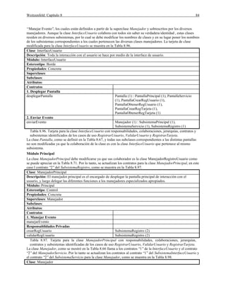 Weitzenfeld: Capítulo 8 84
“Manejar Evento”, los cuales están definidos a partir de la superclase Manejador y sobrescritos por los diversos
manejadores. Aunque la clase InterfaceUsuario colabora con todos sin saber su verdadera identidad , estas clases
residen en diversos subsistemas, por lo cual se debe modificar los nombres de clases y en su lugar poner los nombres
de los subsistemas correspondientes a los cuales pertenecen las diversas clases manejadores. La tarjeta de clase
modificada para la clase InterfaceUsuario se muestra en la Tabla 8.96.
Clase: InterfaceUsuario
Descripción: Toda la interacción con el usuario se hace por medio de la interface de usuario.
Módulo: InterfaceUsuario
Estereotipo: Borde
Propiedades: Concreta
Superclases:
Subclases:
Atributos:
Contratos
1. Desplegar Pantalla
desplegarPantalla Pantalla (1) : PantallaPrincipal (1), PantallaServicio
(1), PantallaCrearRegUsuario (1),
PantallaObtenerRegUsuario (1),
PantallaCrearRegTarjeta (1),
PantallaObtenerRegTarjeta (1)
2. Enviar Evento
enviarEvento Manejador (1) : SubsistemaPrincipal (1),
SubsistemaServicio (1), SubsistemaRegistro (1)
Tabla 8.96. Tarjeta para la clase InterfaceUsuario con responsabilidades, colaboraciones, jerarquías, contratos y
subsistemas identificados de los casos de uso RegistrarUsuario, ValidarUsuario y RegistrarTarjeta.
La clase Pantalla, como se definió en la Tabla 8.67, y todas sus subclases correspondientes a las distintas pantallas
no son modificadas ya que la colaboración de la clase es con la clase InterfaceUsuario que pertenece al mismo
subsistema.
Módulo Principal
La clase ManejadorPrincipal debe modificarse ya que sus colaborador es la clase ManejadorRegistroUsuario como
se puede apreciar en la Tabla 8.71. Por lo tanto, se actualizan los contratos para la clase ManejadorPrincipal, en este
caso l contrato “2”del SubsistemaRegistro, como se muestra en la Tabla 8.97.
Clase: ManejadorPrincipal
Descripción: El manejador principal es el encargado de desplegar la pantalla principal de interacción con el
usuario, y luego delegar las diferentes funciones a los manejadores especializados apropiados.
Módulo: Principal
Estereotipo: Control
Propiedades: Concreta
Superclases: Manejador
Subclases:
Atributos:
Contratos
1. Manejar Evento
manejarEvento
Responsablidades Privadas
crearRegUsuario SubsistemaRegistro (2)
validarRegUsuario SubsistemaRegistro (2)
Tabla 8.97. Tarjeta para la clase ManejadorPrincipal con responsabilidades, colaboraciones, jerarquías,
contratos y subsistemas identificadas de los casos de uso RegistrarUsuario, ValidarUsuario y RegistrarTarjeta.
La clase Manejador, como se mostró en la Tabla 8.66 llama a los contratos “1”de la InterfaceUsuario y el contrato
“2”del ManejadorServicio. Por lo tanto se actualizan los contratos al contrato “1”del SubsistemaInterfaceUsuario y
el contrato “2”del SubsistemaServicio para la clase Manejador, como se muestra en la Tabla 8.98.
Clase: Manejador
 