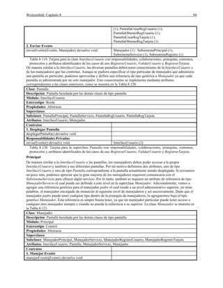Weitzenfeld: Capítulo 8 94
(1), PantallaCrearRegUsuario (1),
PantallaObtenerRegUsuario (1),
PantallaCrearRegTarjeta (1),
PantallaObtenerRegTarjeta (1)
2. Enviar Evento
enviarEvento(Evento, Manejador) devuelve void Manejador (1) : SubsistemaPrincipal (1),
SubsistemaServicio (1), SubsistemaRegistro (1)
Tabla 8.119. Tarjeta para la clase InterfaceUsuario con responsabilidades, colaboraciones, jerarquías, contratos,
protocolos y atributos identificados de los casos de uso RegistrarUsuario, ValidarUsuario y RegistrarTarjeta.
De manera similar a la InterfaceUsuario, las diversas pantallas deben tener conocimiento de la InterfaceUsuario y
de los manejadores que las controlan. Aunque se pudiera especificar el tipo particular de manejador que administra
una pantalla en particular, podemos aprovechar y definir una referencia de tipo genérica a Manejador ya que cada
pantalla es administrada por un solo manejador. Este conocimiento se implementa mediante atributos
correspondientes a las clases anteriores, como se muestra en la Tabla 8.120.
Clase: Pantalla
Descripción: Pantalla heredada por las demás clases de tipo pantalla.
Módulo: InterfaceUsuario
Estereotipo: Borde
Propiedades: Abstracta
Superclases:
Subclases: PantallaPrincipal, PantallaServicio, PantallaRegUsuario, PantallaRegTarjeta
Atributos: InterfaceUsuario, Manejador
Contratos
1. Desplegar Pantalla
desplegarPantalla() devuelve void
Responsabilidades Privadas
enviarEvento() devuelve void InterfaceUsuario (2)
Tabla 8.120. Tarjeta para la superclase Pantalla con responsabilidades, colaboraciones, jerarquías, contratos,
protocolos y atributos identificados de los casos de uso RegistrarUsuario, ValidarUsuario y RegistrarTarjeta.
Principal
De manera similar a la InterfaceUsuario y las pantallas, los manejadores deben poder accesar a la propia
InterfaceUsuario y también a sus diferentes pantallas. Por tal motivo definimos dos atributos, uno de tipo
InterfaceUsuario y otro de tipo Pantalla correspondiente a la pantalla actualmente siendo desplegada. Si revisamos
un poco más, podemos apreciar que la gran mayoría de los menajadores requieren comuincarse con el
SubsistemaServicio para ofrecer algún servicio. Por lo tanto, también se requiere un atributo de referencia de tipo
ManejadorServicio el cual puede ser definido a este nivel en la superclase Manejador. Adicionalmente, vamos a
agregar una referencia genérica para el manejador padre el cual reside a un nivel administrativo superior, en otras
palabras, el manejador encargado de instanciar al siguiente nivel de manejadores y así sucesivamente. Dado que el
manejador padre puede tener cualquier tipo dentro de la jerarquía de manejadores, lo agregaremos bajo el tipo
genérico Manejador. Esta referencia es simpre buena tener, ya que un manejador particular puede tener acceso a
cualquier otro manejador siempre y cuando no pierda la referencia a su superior. La clase Manejador se muestra en
la Tabla 8.121.
Clase: Manejador
Descripción: Pantalla heredada por las demás clases de tipo pantalla.
Módulo: Principal
Estereotipo: Control
Propiedades: Abstracta
Superclases:
Subclases: ManejadorPrincipal, ManejadorServicio, ManejadorRegistroUsuario, ManejadorRegistroTarjeta
Atributos: InterfaceUsuario, Pantalla, ManejadorServicio, Manejador
Contratos
1. Manejar Evento
manejarEvento(Evento) devuelve void
 