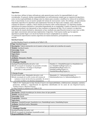 Weitzenfeld: Capítulo 8 98
Algoritmos
Los algoritmos definen la lógica utilizada por cada operación para resolver la responsabilidad a la cual
corresponden. En general, muchas responsabilidades son suficientemente simples que no requieren de algoritmos,
como son las responsabilidades de delegar entre los objetos para consultar o modificar los valores de los atributos.
Este es mayormente el caso en nuestro ejemplo del sistema de reservaciones vuelos. Sin embargo, es especialmente
importante especificar los algoritmos para implementar funciones de lógica más compleja, como ordenar un
conjunto de números o cadenas, o hacer cálculos de intereses sobre cuentas bancarias. Los algoritmos pueden
especificarse de manera declarativa o procedural dependiendo de su complejidad. Cuando se especifica el aloritmo
de manera procedural, esto típicamente se hace mediante un diagrama de flujo. Por el contrario, un algoritmo
especificado de manera declarativa, típicamente se hace mediante una especificación textual en cuyo caso se debe
usar algún conocimiento adicional para implementar el algoritmo. Vale la pena resaltar que los aspectos
algorítmicos pueden llegar a ser una de las fuentes de mayor complejidad en un sistema.
A continuación especificamos nuestros algoritmos de manera declarativa, principalmente coo un comentario
sencillo.
InterfaceUsuario
La clase InterfaceUsuario se muestra en la Tabla 8.128.
Clase: InterfaceUsuario
Descripción: Toda la interacción con el usuario se hace por medio de la interface de usuario.
Módulo: InterfaceUsuario
Estereotipo: Borde
Propiedades: Concreta
Superclases:
Subclases:
Atributos: Manejador, Pantalla
Contratos
1. Desplegar Pantalla
desplegarPantalla(Pantalla) devuelve void
Método encargado de desplegar las pantallas enviadas
como parámetros. Se delega el despliegue
particular a cada pantalla.
Pantalla (1) : PantallaPrincipal (1), PantallaServicio
(1), PantallaCrearRegUsuario (1),
PantallaObtenerRegUsuario (1),
PantallaCrearRegTarjeta (1),
PantallaObtenerRegTarjeta (1)
2. Enviar Evento
enviarEvento(Evento, Manejador) devuelve void
Método encargado de recibir eventos del sistema de
ventanas a través de las diversas pantallas. Se envía
el evento recibido a los distintos manejadores.
Manejador (1) : SubsistemaPrincipal (1),
SubsistemaServicio (1), SubsistemaRegistro (1)
Tabla 8.128. Tarjeta para la clase InterfaceUsuario con responsabilidades, colaboraciones, jerarquías, contratos,
protocolos, atributos y especificación de algoritmos identificados de los casos de uso RegistrarUsuario,
ValidarUsuario y RegistrarTarjeta.
La clase Pantalla se muestra en la Tabla 8.129.
Clase: Pantalla
Descripción: Pantalla heredada por las demás clases de tipo pantalla.
Módulo: InterfaceUsuario
Estereotipo: Borde
Propiedades: Abstracta
Superclases:
Subclases: PantallaPrincipal, PantallaServicio, PantallaRegUsuario, PantallaRegTarjeta
Atributos: InterfaceUsuario, Manejador
Contratos
1. Desplegar Pantalla
desplegarPantalla() devuelve void
Método encargado de desplegar la pantalla actual.
Responsabilidades Privadas
 