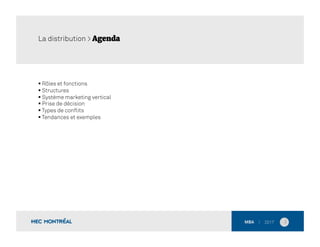  Rôles et fonctions
 Structures
 Système marketing vertical
 Prise de décision
 Types de conﬂits
 Tendances et exemples	
  
2	
  
La distribution > Agenda
 