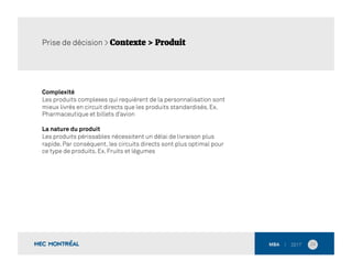 Complexité
Les produits complexes qui requièrent de la personnalisation sont
mieux livrés en circuit directs que les produits standardisés. Ex.
Pharmaceutique et billets d’avion
La nature du produit
Les produits périssables nécessitent un délai de livraison plus
rapide. Par conséquent, les circuits directs sont plus optimal pour
ce type de produits. Ex. Fruits et légumes
24	
  
Prise de décision > Contexte > Produit
 