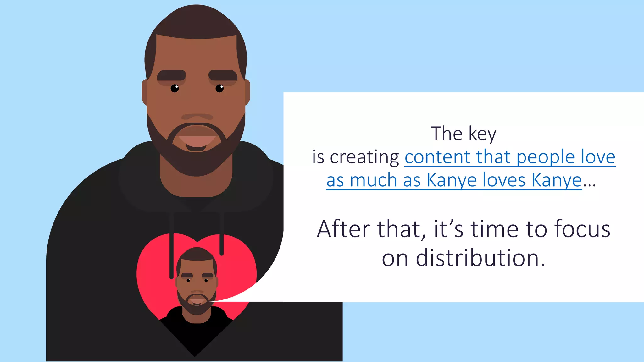 The key
is creating content that people love
as much as Kanye loves Kanye…
After that, it’s time to focus
on distribution.
 