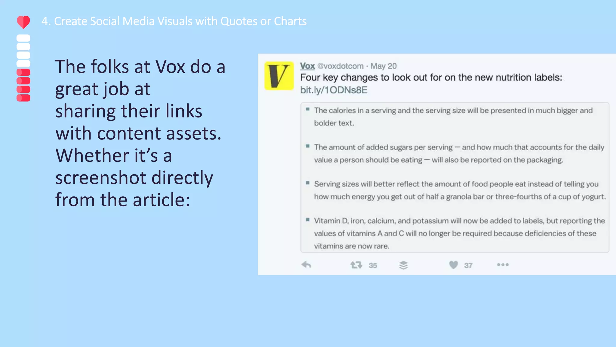 The folks at Vox do a
great job at
sharing their links
with content assets.
Whether it’s a
screenshot directly
from the article:
4. Create Social Media Visuals with Quotes or Charts
 