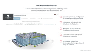 Der Wohnungskonfigurator
Zuhause auf dem Sofa die Traumwohnung ansehen und konfigurieren:
So bindet man Kunden in den Vertriebsprozess ein.
Unabhängig von Zeit, Ort und
Mitarbeiter-Verfügbarkeit
Angepasst an das Design des
Projekts und der Webseite
Übersicht über alle verfügbaren
Einheiten im Laubenhof
Schrittweise Auswahl der
bevorzugten Wohnungsgröße und
Etage im Gebäude
Volle Integration des Konfigurators
in digitale Vermarktungsprozesse
Copyright NAIapollo & Inreal 2019
 