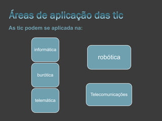 As tic podem se aplicada na:

informática

robótica
burótica

Telecomunicações
telemática

 