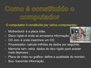 O computador é constituído por vários componentes:








Motherbord- é a placa mãe;
Disco rígido-é onde se armazena informação;
CD rom- é onde inserimos um CD;
Processador- calcula milhões de dados por segundo;
Memoria ram- retira dados do dico rígido para aceder
mais depressa ;
Placa de vídeo ou gráfica- define a qualidade do monitor;
Bus- transmite informação.

 