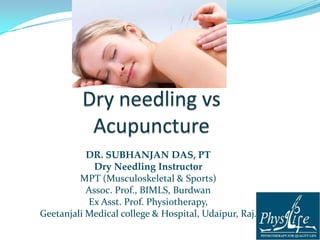 DR. SUBHANJAN DAS, PT 
Subhanjan_82@yahoo.com 
+91 8967549104 
Dry Needling Instructor 
MPT (Musculoskeletal & Sports) 
Assoc. Prof., BIMLS, Burdwan 
 