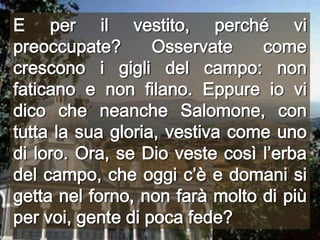E per il vestito, perché vi preoccupate? Osservate come crescono i gigli del campo: non faticano e non filano. Eppure io vi dico che neanche Salomone, con tutta la sua gloria, vestiva come uno di loro. Ora, se Dio veste così l’erba del campo, che oggi c’è e domani si getta nel forno, non farà molto di più per voi, gente di poca fede?