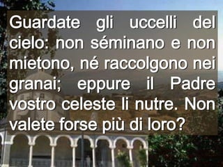 Guardate gli uccelli del cielo: non séminano e non mietono, né raccolgono nei granai; eppure il Padre vostro celeste li nutre. Non valete forse più di loro?