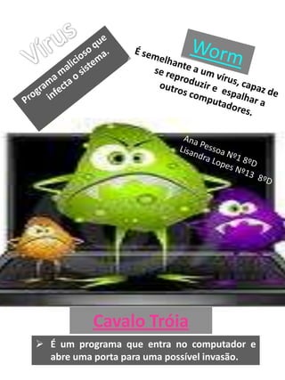 PhishingPhishing é uma forma de fraude electrónica, caracterizada por tentativas de adquirir informações sigilosas, tais como senhas e números de cartão de crédito, ao se fazer passar como uma pessoa confiável ou uma empresa enviando uma comunicação electrónica oficial, como um correio ou uma mensagem instantânea.Cuidado com os emails que recebes e com os dados que transmites. Podes estar a ser espiado por outra pessoa.Daniela Marques nº6    8ºDMicaela Gomes nº16     8ºD