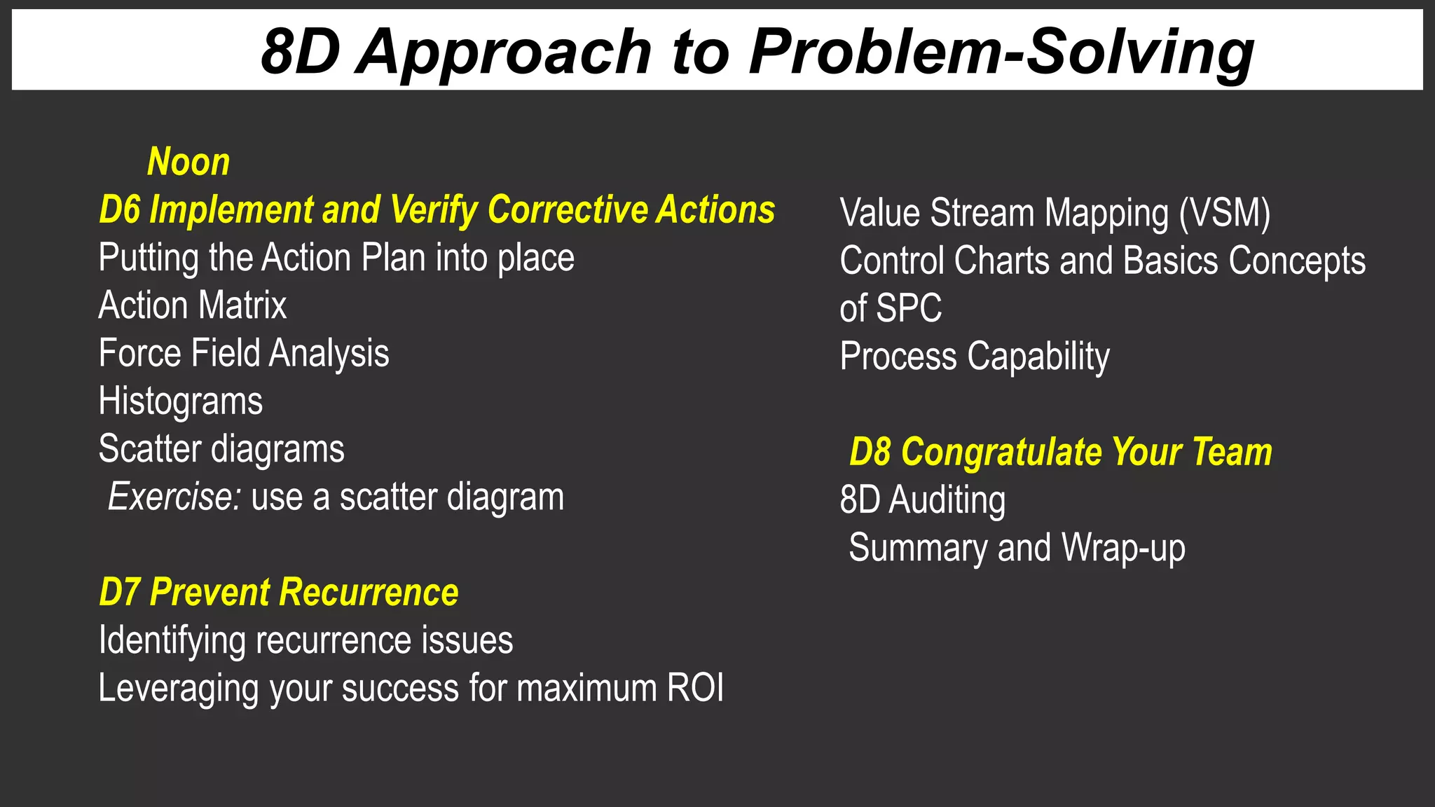 Value Stream Mapping (VSM)
Control Charts and Basics Concepts
of SPC
Process Capability
D8 Congratulate Your Team
8D Auditing
Summary and Wrap-up
8D Approach to Problem-Solving
D6 Implement and Verify Corrective Actions
Putting the Action Plan into place
Action Matrix
Force Field Analysis
Histograms
Scatter diagrams
Exercise: use a scatter diagram
D7 Prevent Recurrence
Identifying recurrence issues
Leveraging your success for maximum ROI
Noon
 
