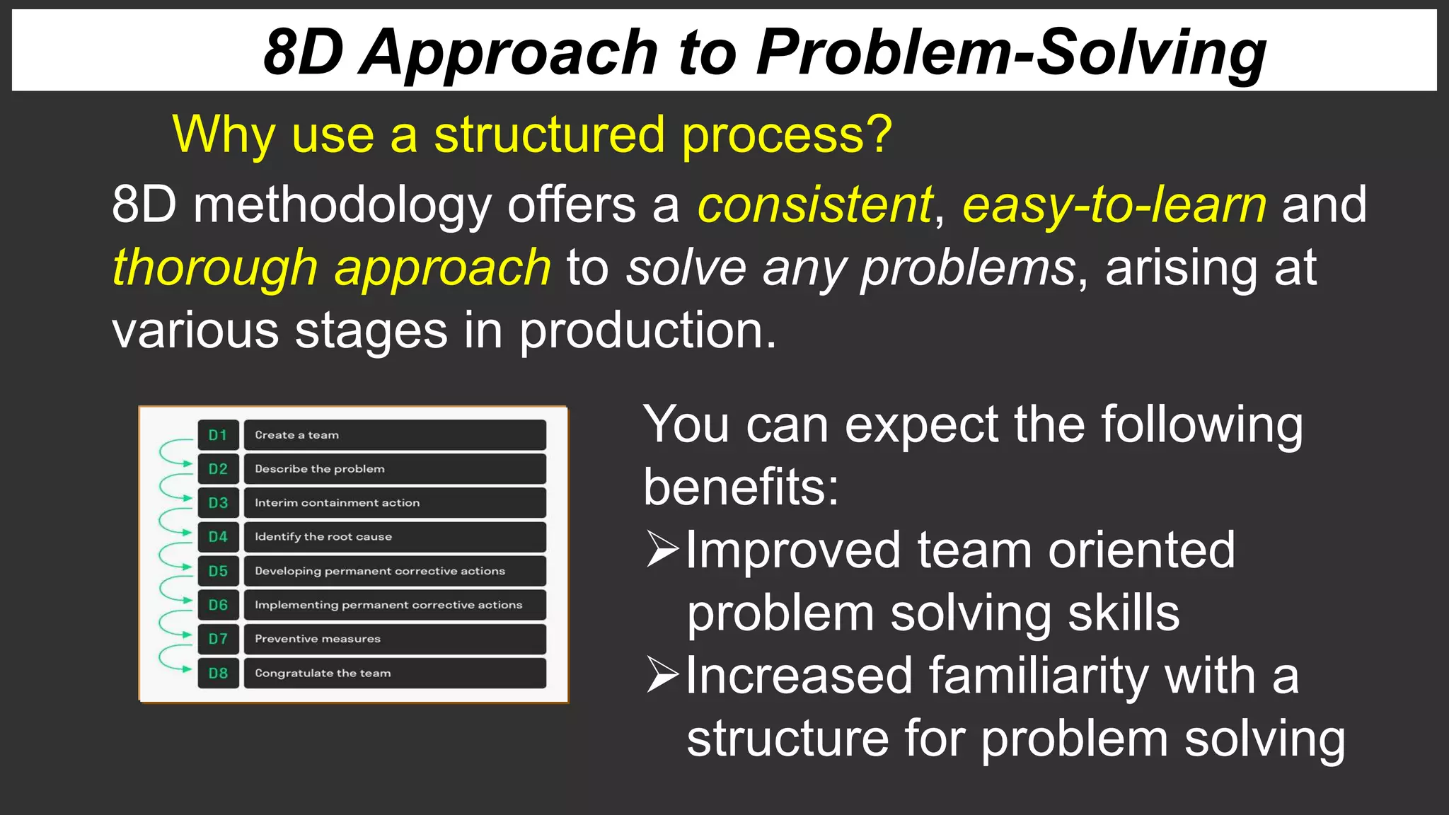 Why use a structured process?
8D Approach to Problem-Solving
8D methodology offers a consistent, easy-to-learn and
thorough approach to solve any problems, arising at
various stages in production.
You can expect the following
benefits:
Improved team oriented
problem solving skills
Increased familiarity with a
structure for problem solving
 