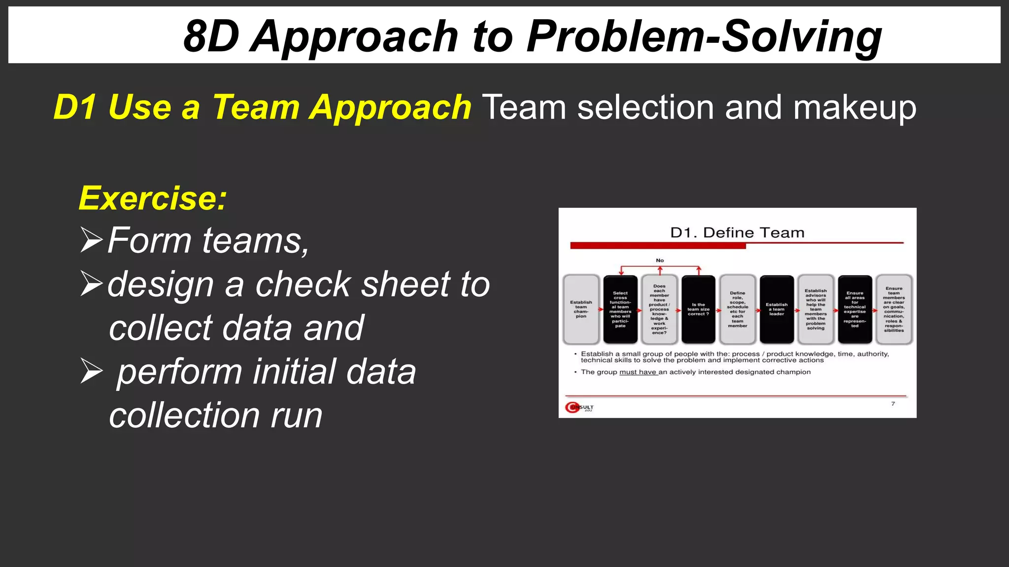 8D Approach to Problem-Solving
D1 Use a Team Approach Team selection and makeup
Exercise:
Form teams,
design a check sheet to
collect data and
 perform initial data
collection run
 