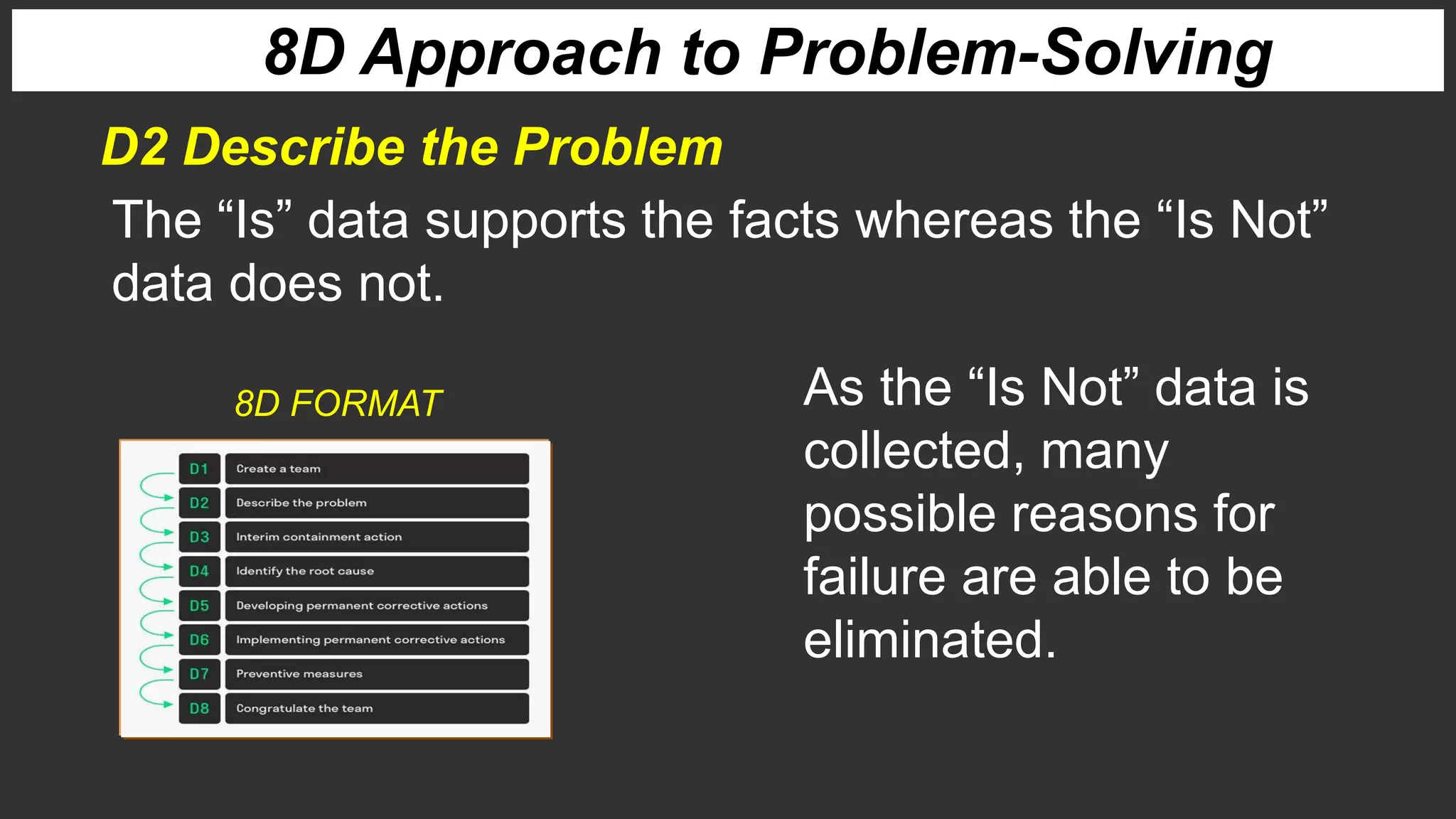8D Approach to Problem-Solving
D2 Describe the Problem
The “Is” data supports the facts whereas the “Is Not”
data does not.
As the “Is Not” data is
collected, many
possible reasons for
failure are able to be
eliminated.
8D FORMAT
 