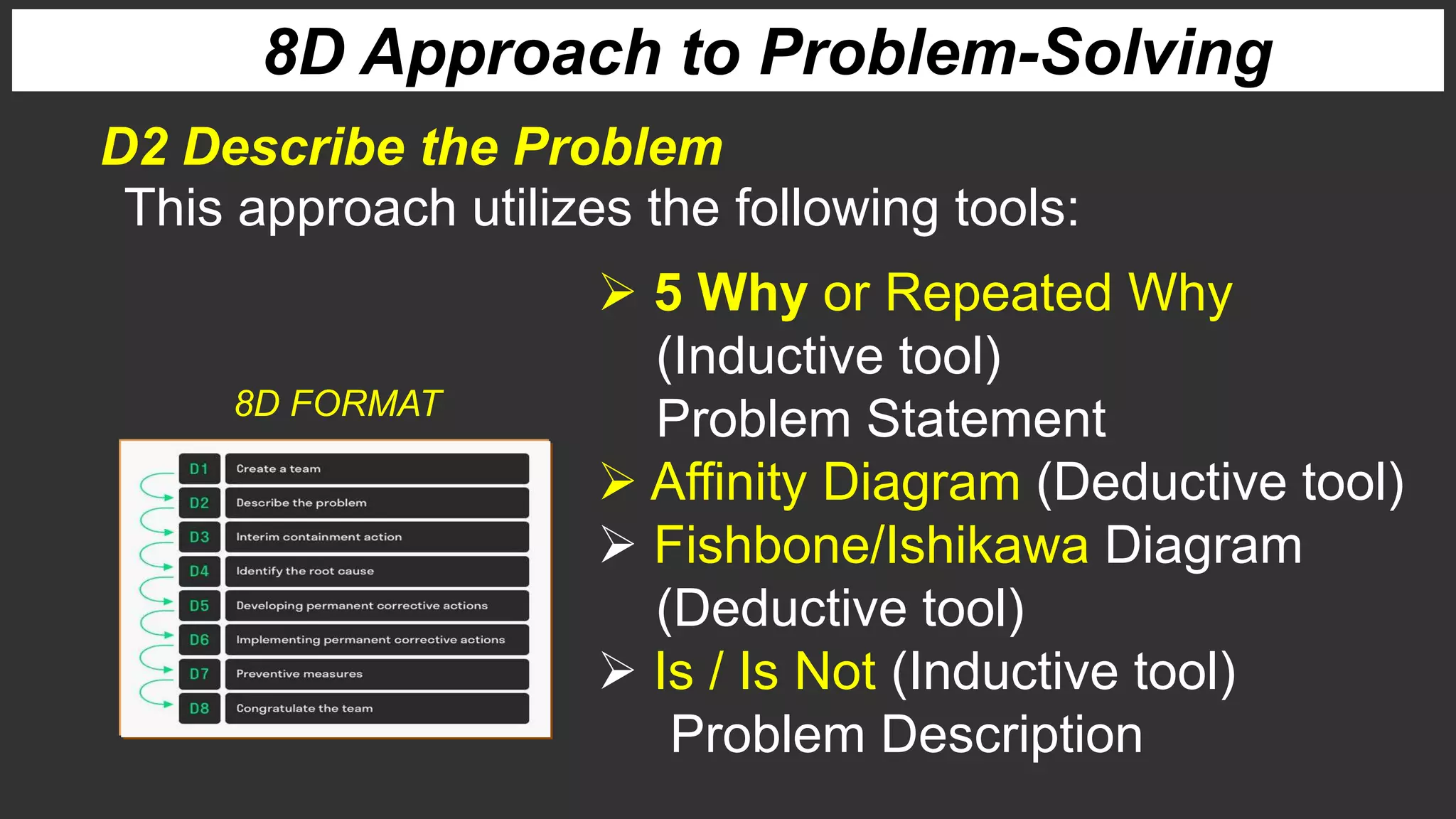 8D Approach to Problem-Solving
D2 Describe the Problem
This approach utilizes the following tools:
 5 Why or Repeated Why
(Inductive tool)
Problem Statement
 Affinity Diagram (Deductive tool)
 Fishbone/Ishikawa Diagram
(Deductive tool)
 Is / Is Not (Inductive tool)
Problem Description
8D FORMAT
 
