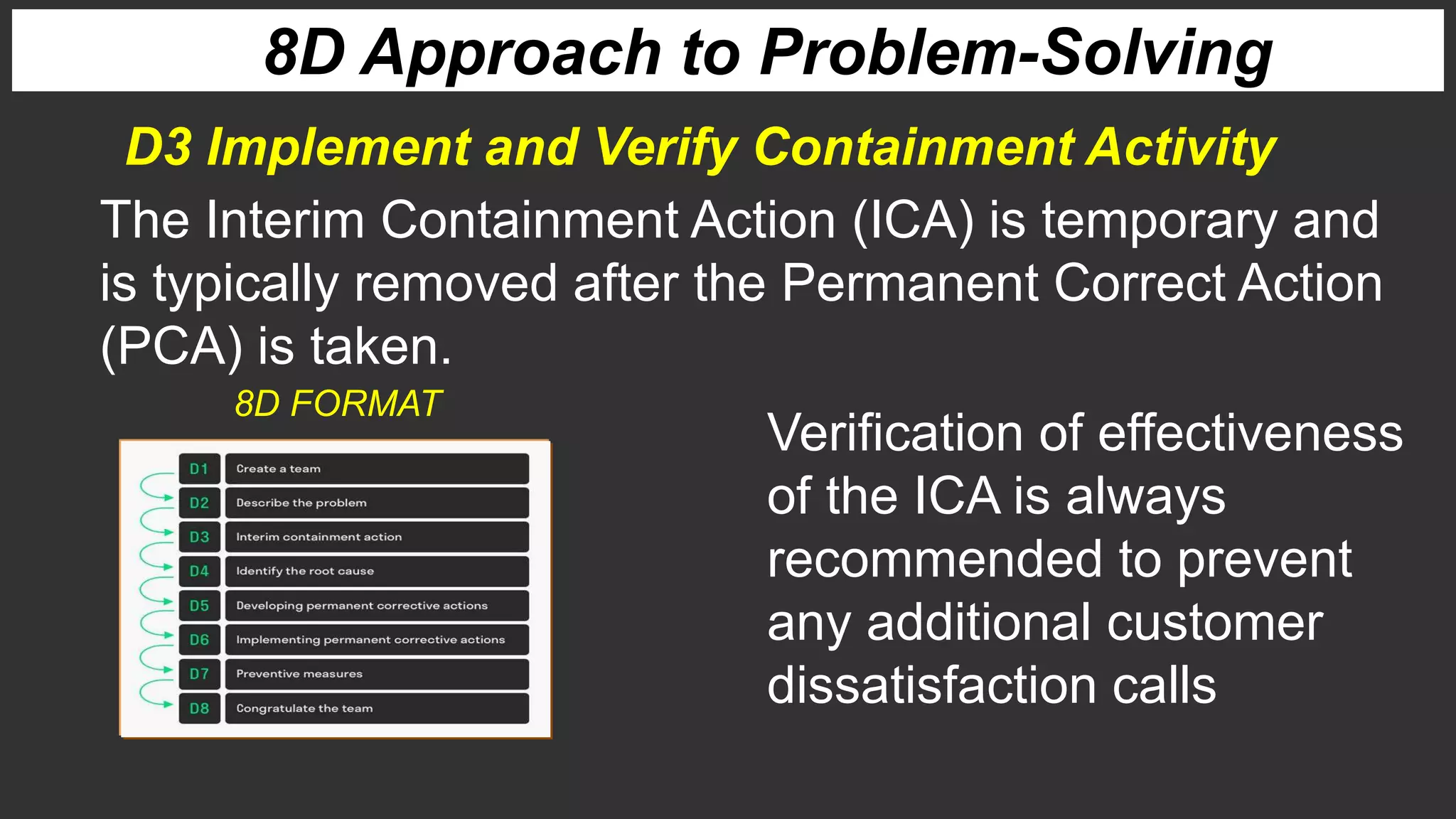8D Approach to Problem-Solving
The Interim Containment Action (ICA) is temporary and
is typically removed after the Permanent Correct Action
(PCA) is taken.
D3 Implement and Verify Containment Activity
Verification of effectiveness
of the ICA is always
recommended to prevent
any additional customer
dissatisfaction calls
8D FORMAT
 