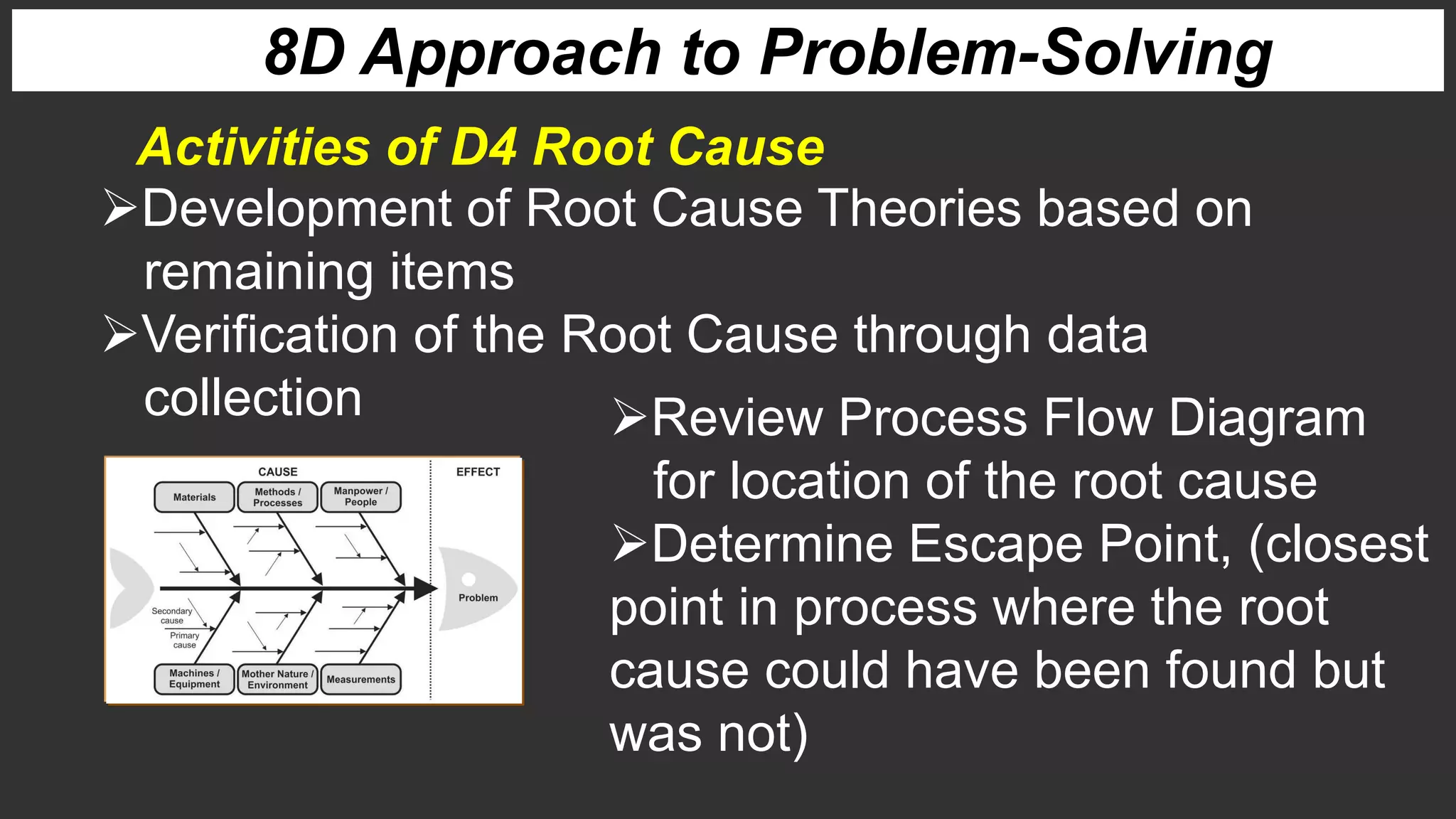 8D Approach to Problem-Solving
Activities of D4 Root Cause
Development of Root Cause Theories based on
remaining items
Verification of the Root Cause through data
collection Review Process Flow Diagram
for location of the root cause
Determine Escape Point, (closest
point in process where the root
cause could have been found but
was not)
 