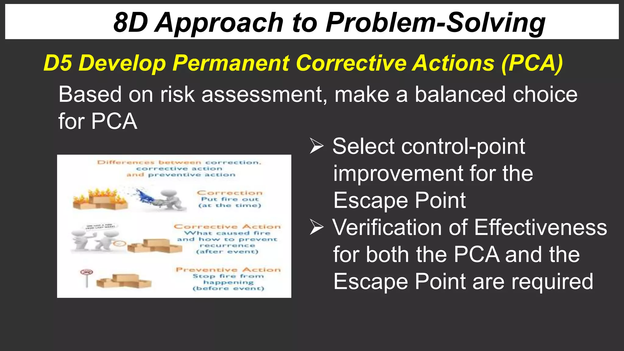 8D Approach to Problem-Solving
 Select control-point
improvement for the
Escape Point
 Verification of Effectiveness
for both the PCA and the
Escape Point are required
D5 Develop Permanent Corrective Actions (PCA)
Based on risk assessment, make a balanced choice
for PCA
 