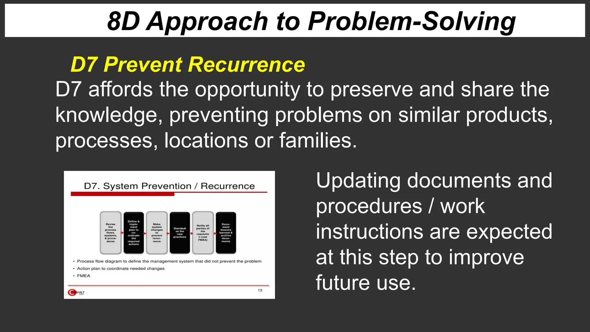 8D Approach to Problem-Solving
D7 affords the opportunity to preserve and share the
knowledge, preventing problems on similar products,
processes, locations or families.
D7 Prevent Recurrence
Updating documents and
procedures / work
instructions are expected
at this step to improve
future use.
 